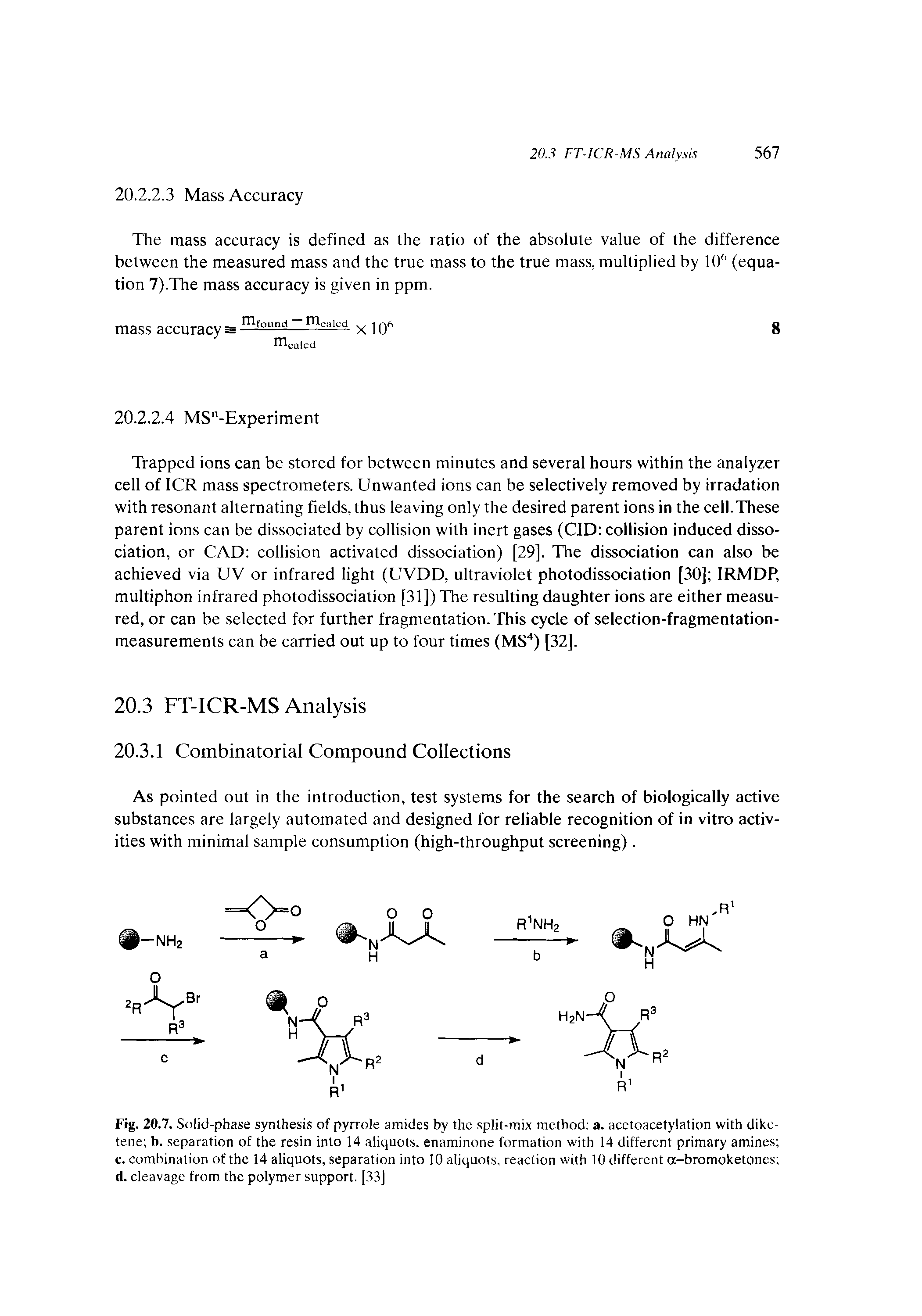 Fig. 20.7. Solid-phase synthesis of pyrrole amides by the split-mix method a. acetoacetylation with dike-tene b. separation of the resin into 14 aliquots, enaminone formation with 14 different primary amines ...