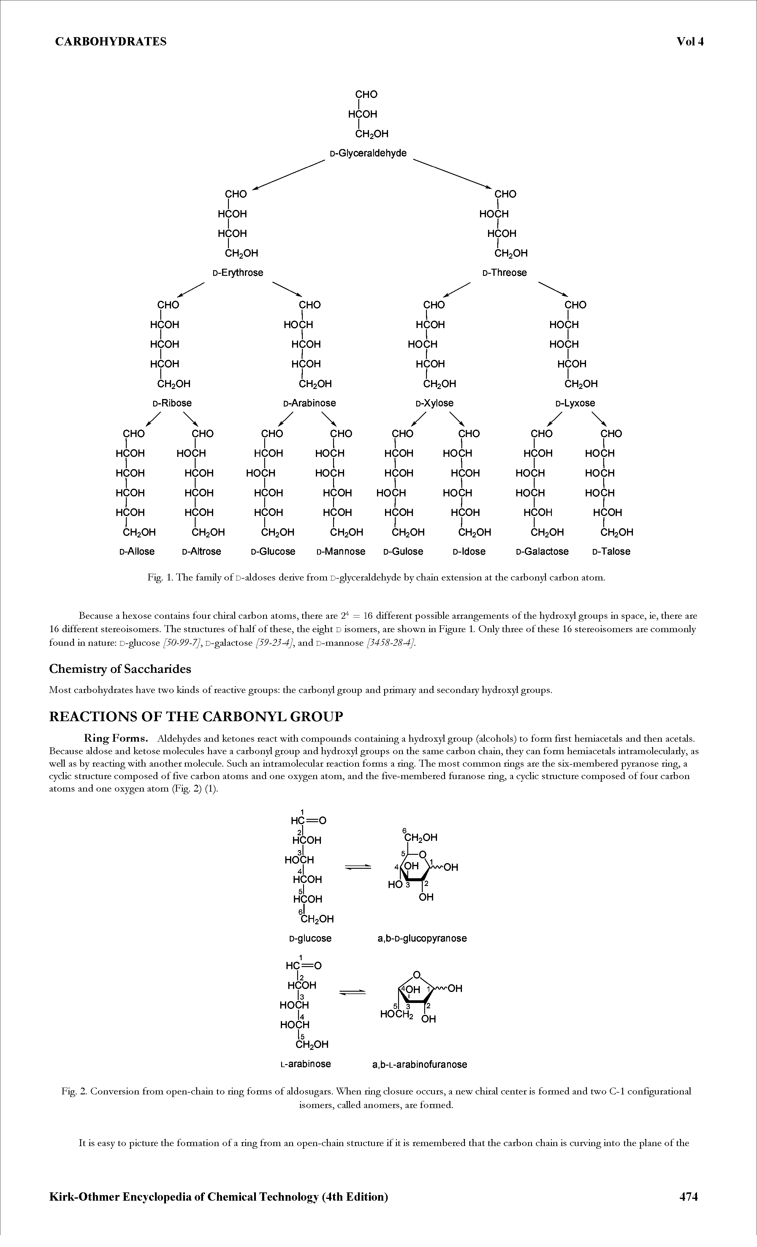 Fig. 2. Conversion from open-chain to ring forms of aldosugars. When ring closure occurs, a new chiral center is formed and two C-1 configurational...