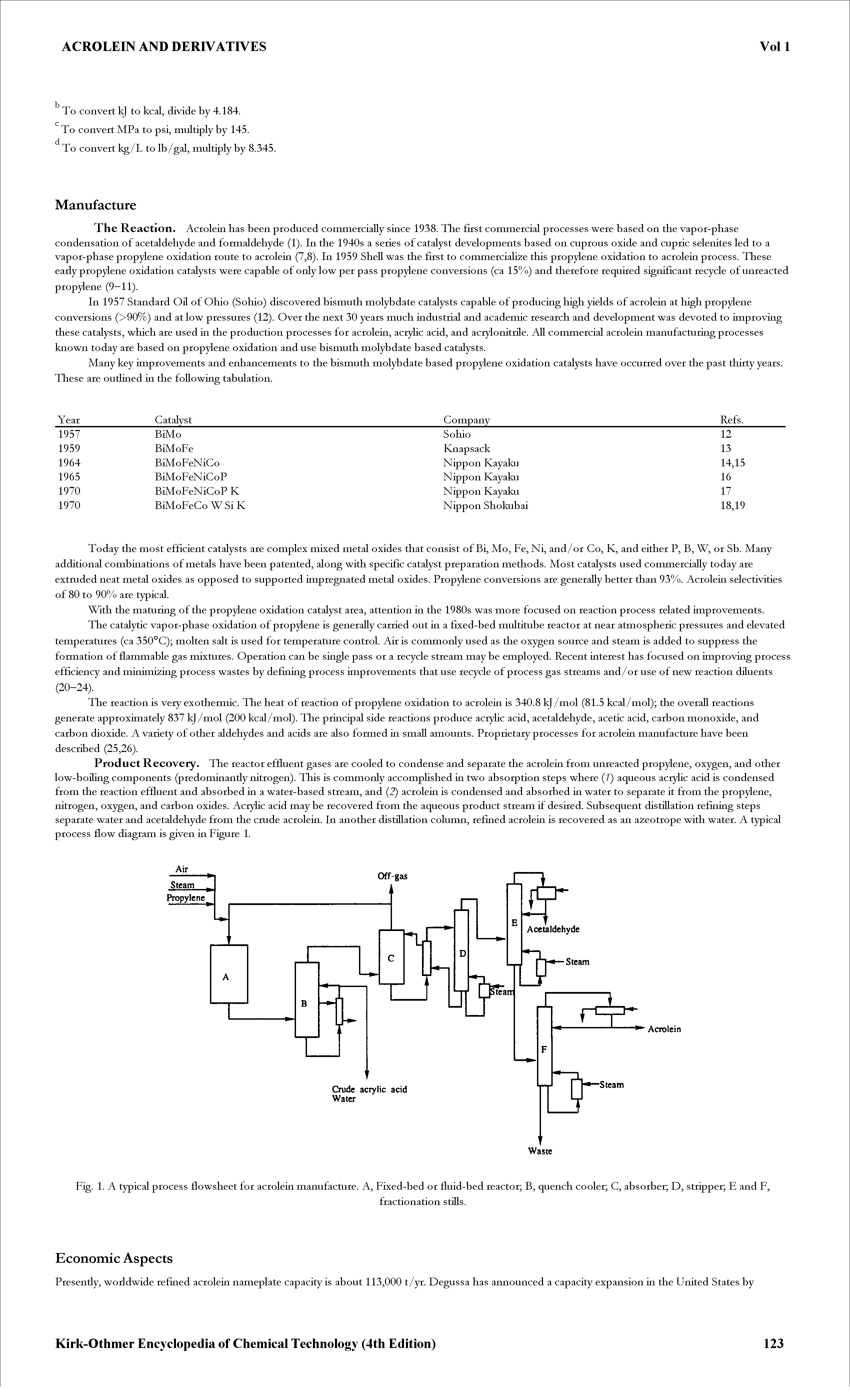 Fig. 1. A typical process flowsheet for acrolein manufacture. A, Fixed-bed or fluid-bed reactor B, quench cooler C, absorber D, stripper E and F,...