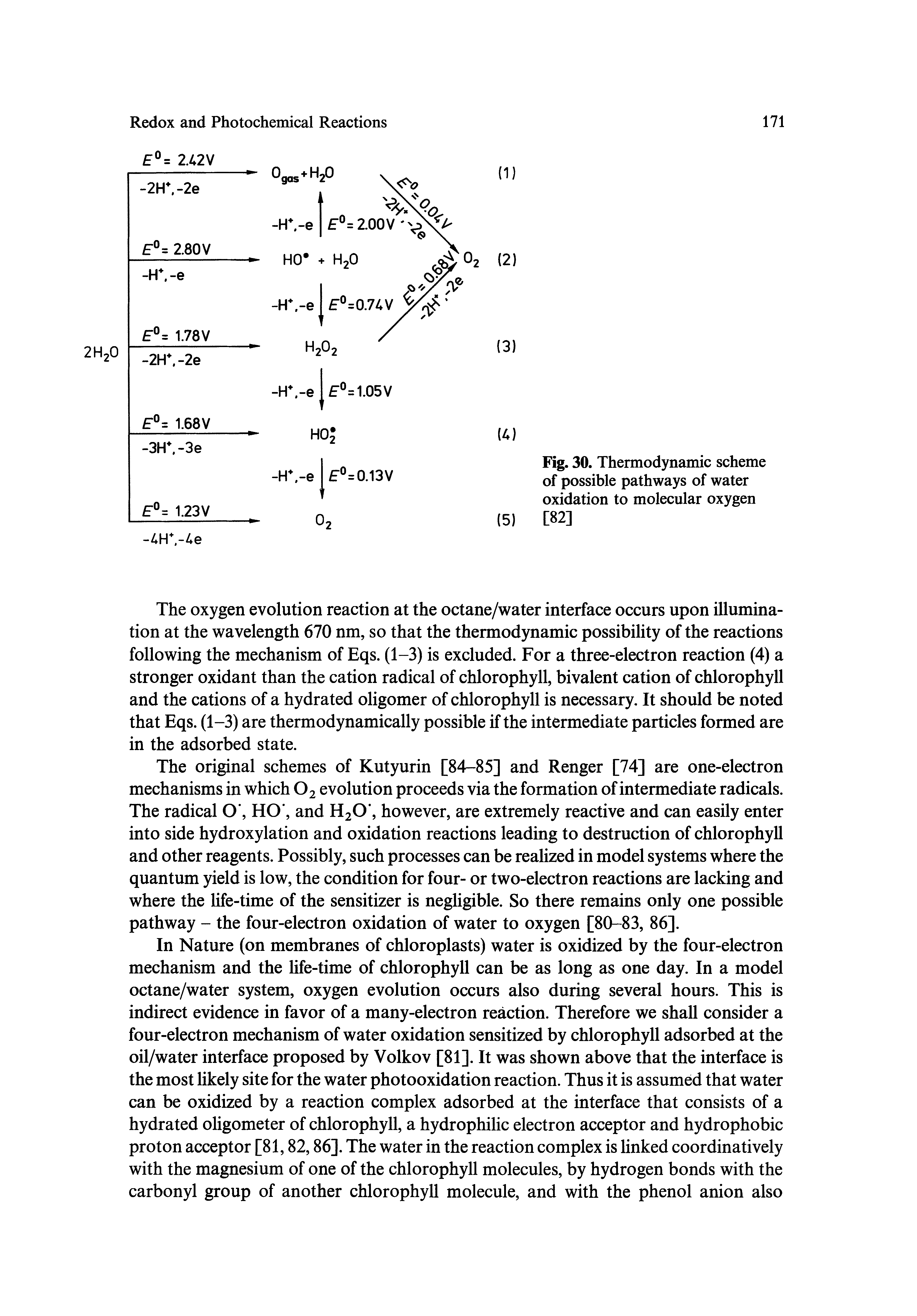 Fig. 30. Thermodynamic scheme of possible pathways of water oxidation to molecular oxygen (5) [82]...