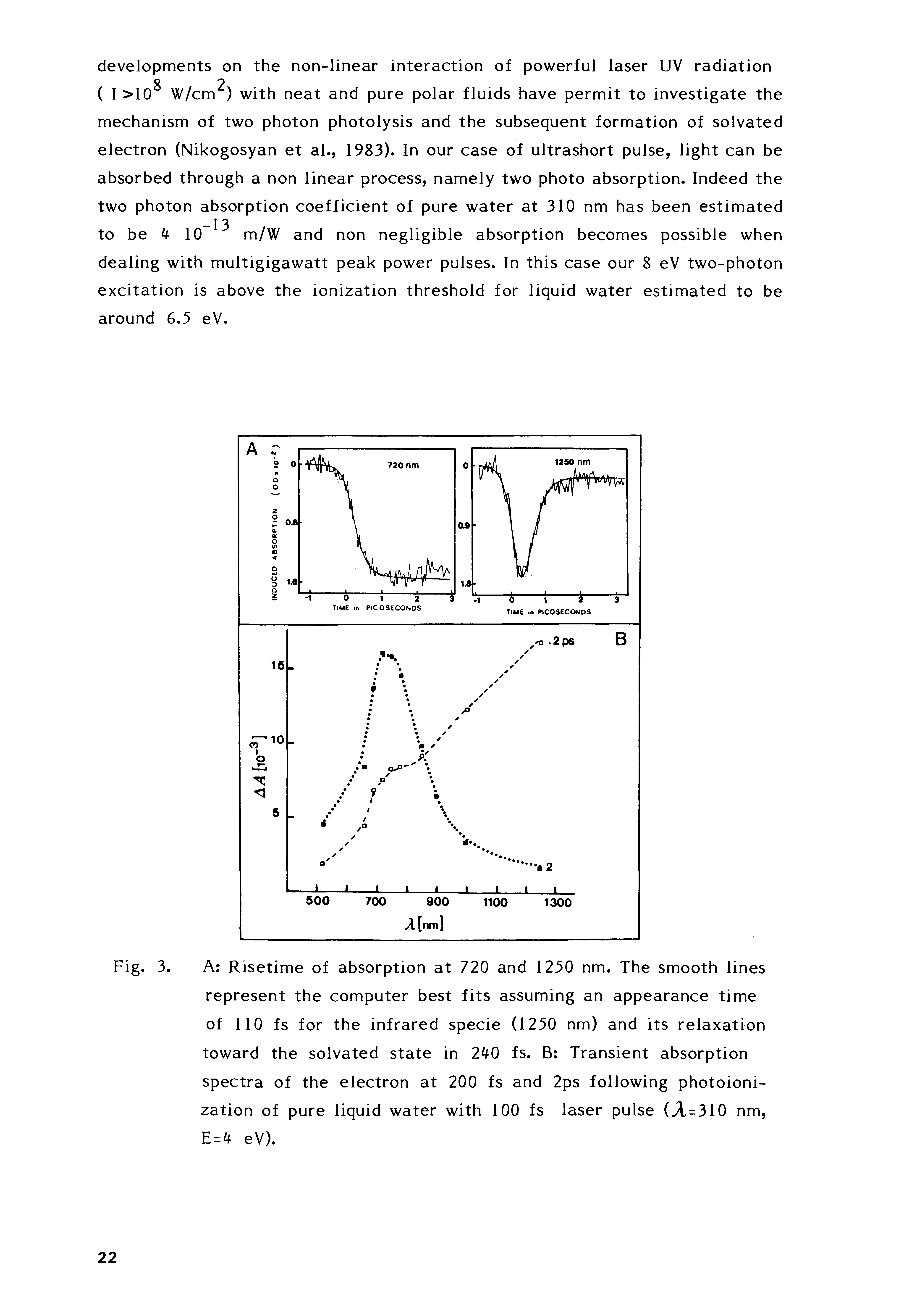 Fig. 3. A Risetime of absorption at 720 and 1230 nm. The smooth lines represent the computer best fits assuming an appearance time of 110 fs for the infrared specie (1230 nm) and its relaxation toward the solvated state in 2 0 fs. B Transient absorption spectra of the electron at 200 fs and 2ps following photoionization of pure liquid water with 100 fs laser pulse (A=310 nm, eV).