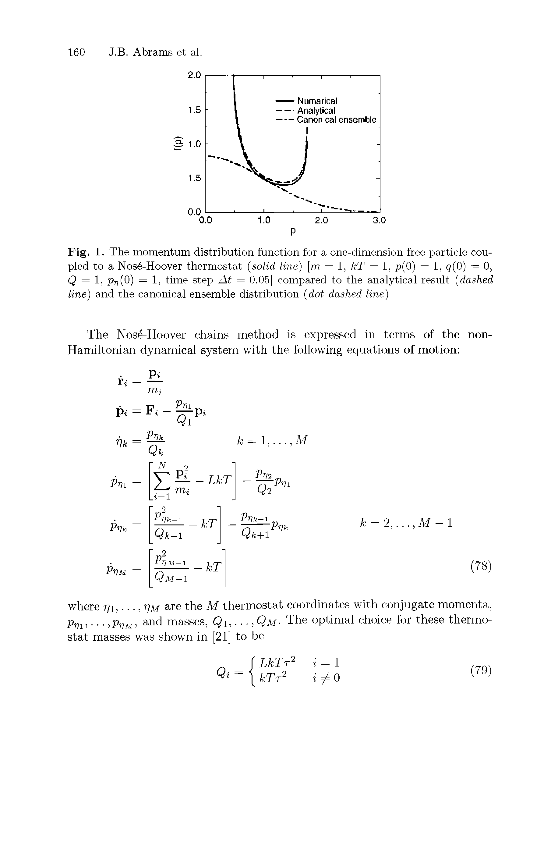 Fig. 1. The momentum distribution function for a one-dimension free particle coupled to a Nose-Hoover thermostat solid line) [rn = 1, kT = 1, p(0) = 1, q 0) = 0, Q = 1, Pr 0) = 1, time step At = 0.05] compared to the analytical result dashed line) and the canonical ensemble distribution dot dashed line)...