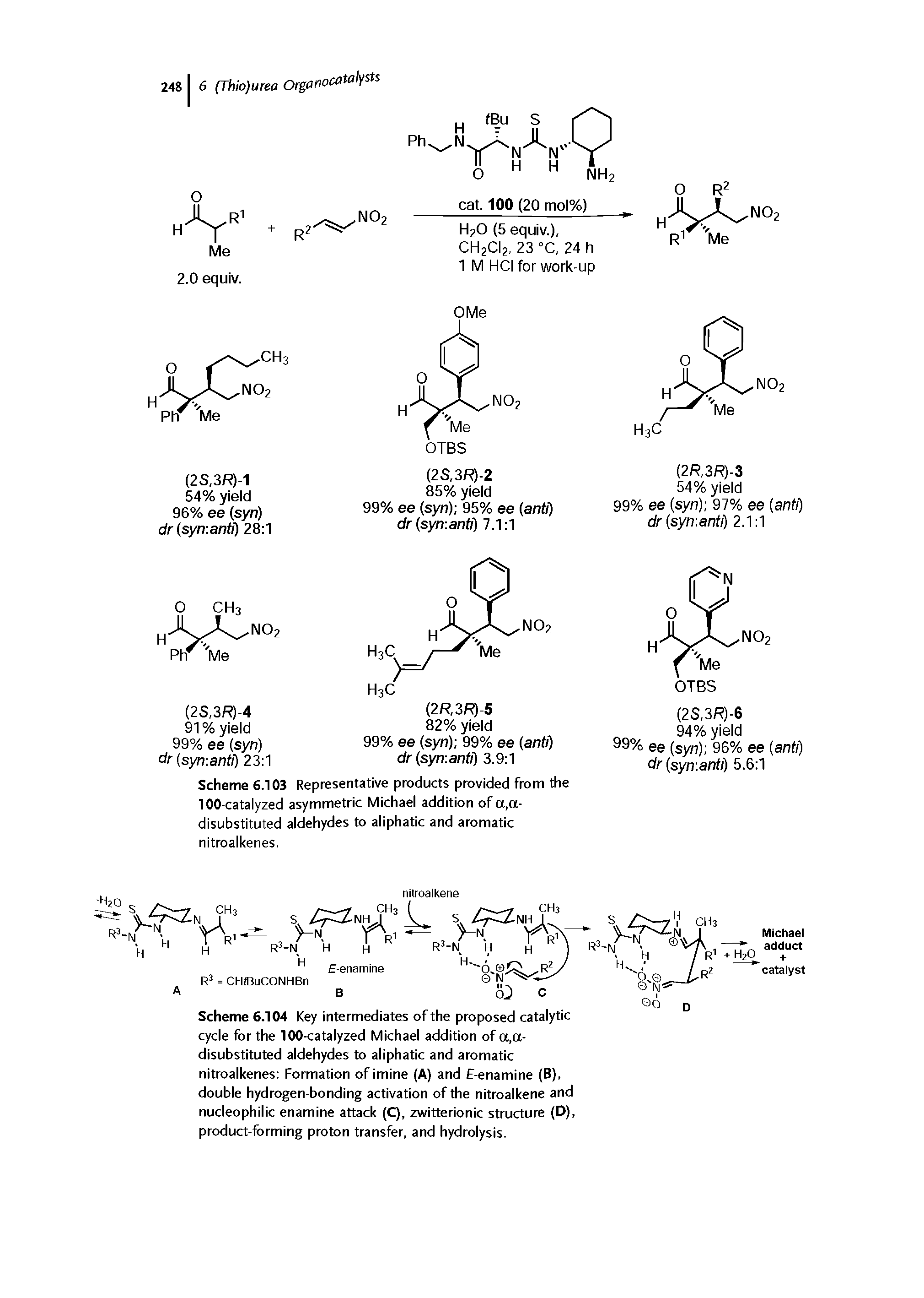 Scheme 6.104 Key intermediates of the proposed catalytic cycle for the 100-catalyzed Michael addition of a,a-disubstituted aldehydes to aliphatic and aromatic nitroalkenes Formation of imine (A) and F-enamine (B), double hydrogen-bonding activation of the nitroalkene and nucleophilic enamine attack (C), zwitterionic structure (D), product-forming proton transfer, and hydrolysis.