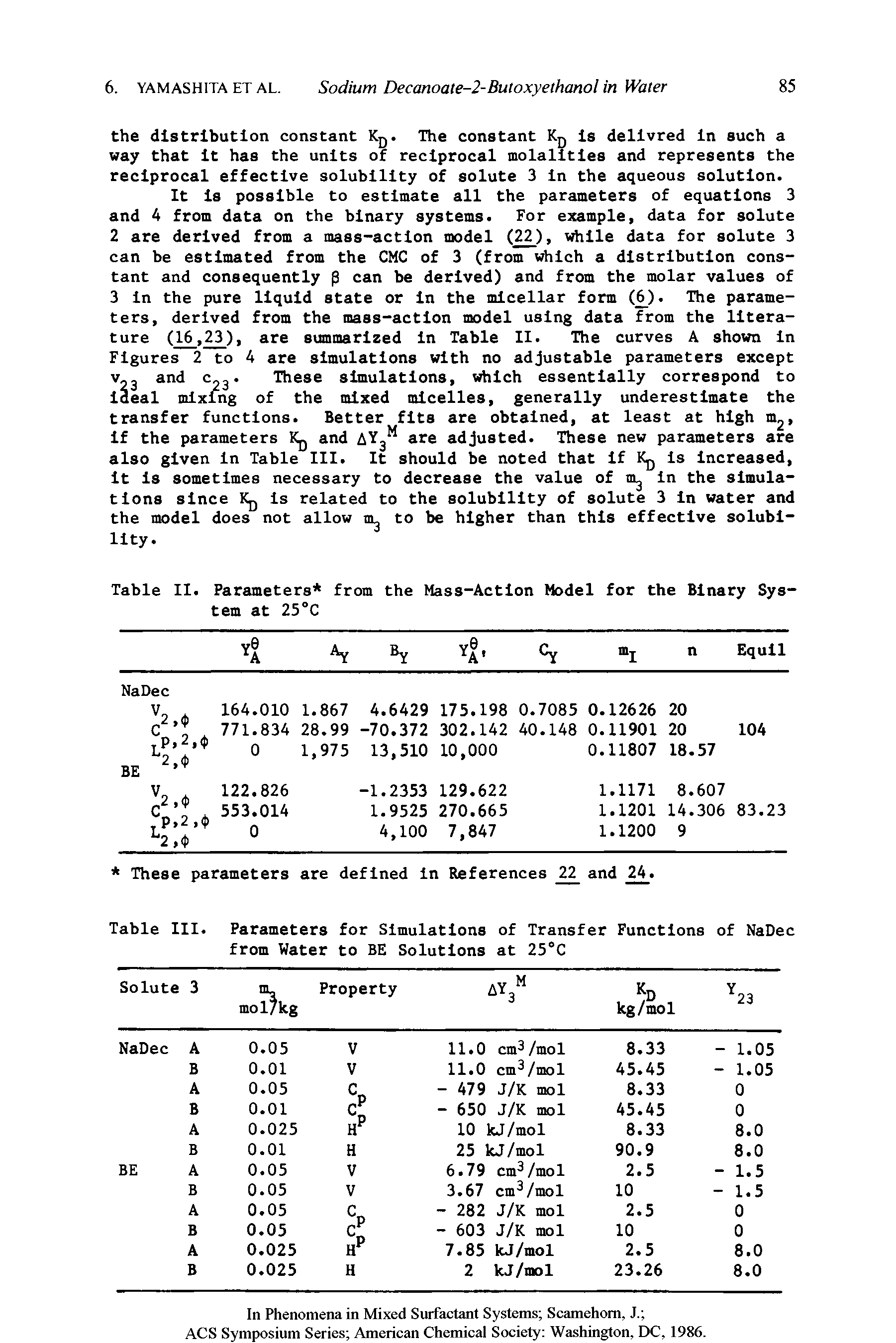 Table II. Parameters from the Mass-Action Model for the Binary System at 25°C...