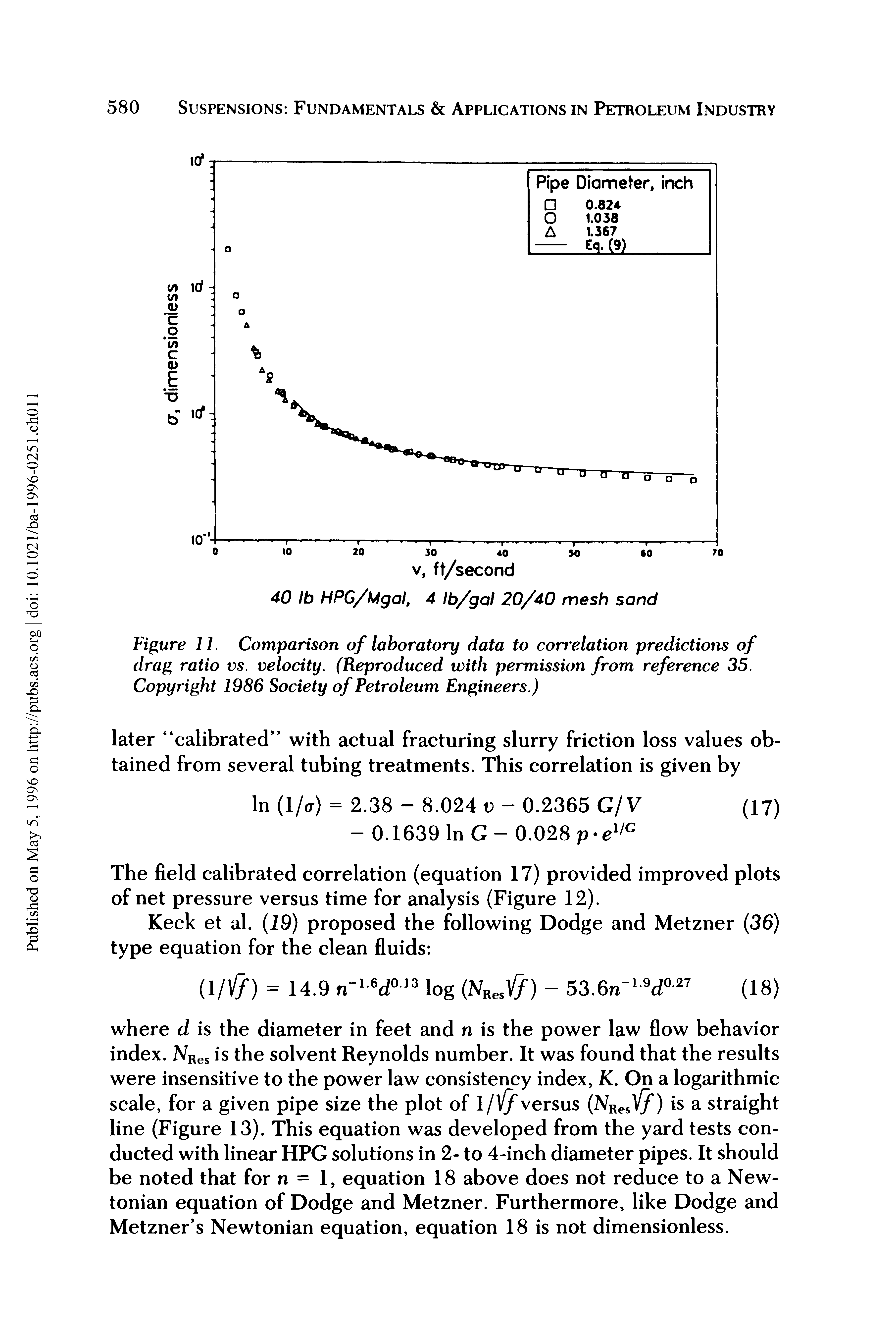 Figure 11. Comparison of laboratory data to correlation predictions of drag ratio vs. velocity. (Reproduced with permission from reference 35. Copyright 1986 Society of Petroleum Engineers.)...