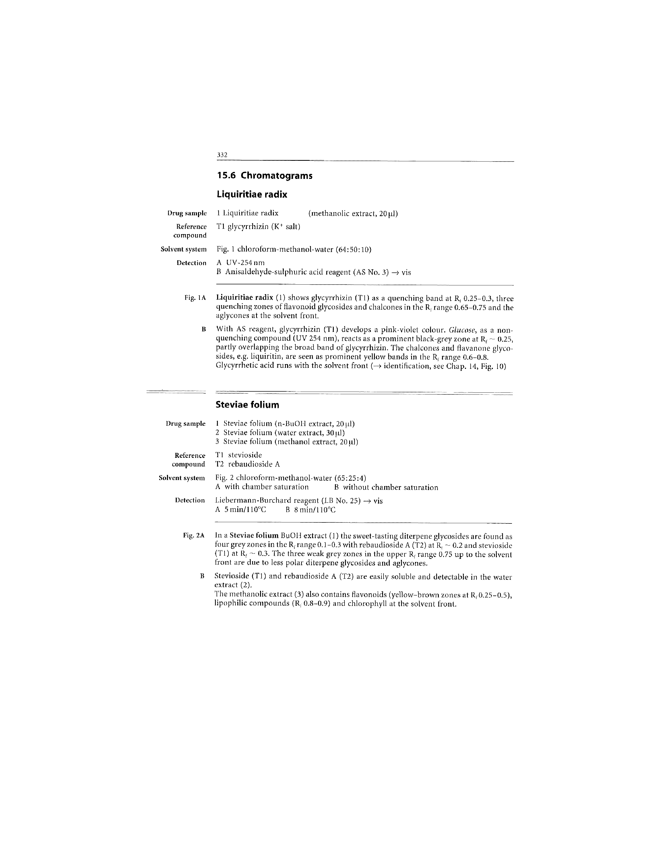 Fig. 2A In a Steviae folium BuOll extract (.1) the. sweet-tasting diterpene glycosides are found as four grey zones in the R, range 0.1-0.3 with rebaudioside A (T2) at R, 0.2 and stevioside (Tl) at R, 0.3. The three weak grey zones in the upper R, range 0,75 up to the. solvent front are due to less polar diterpene glycosides and aglycones.