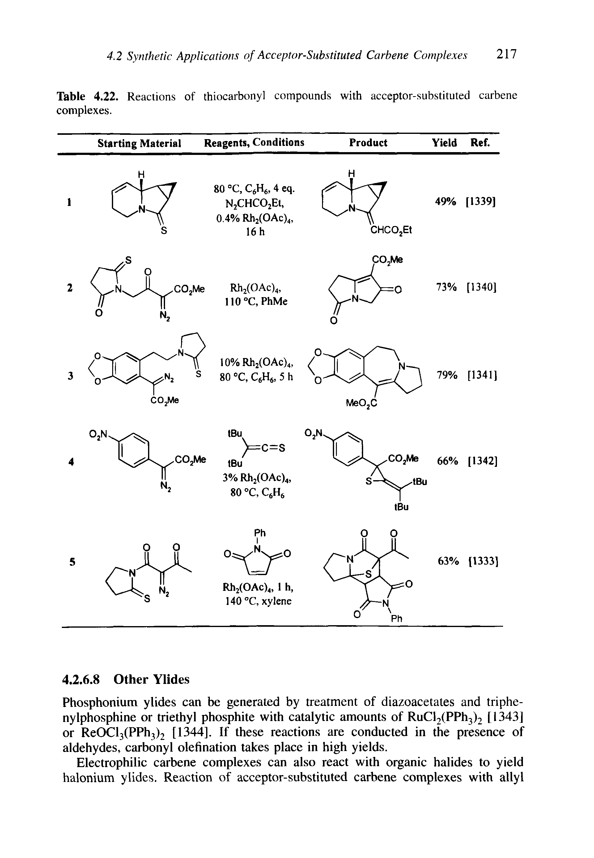 Table 4.22. Reactions of thiocarbonyl compounds with acceptor-substituted carbene complexes.