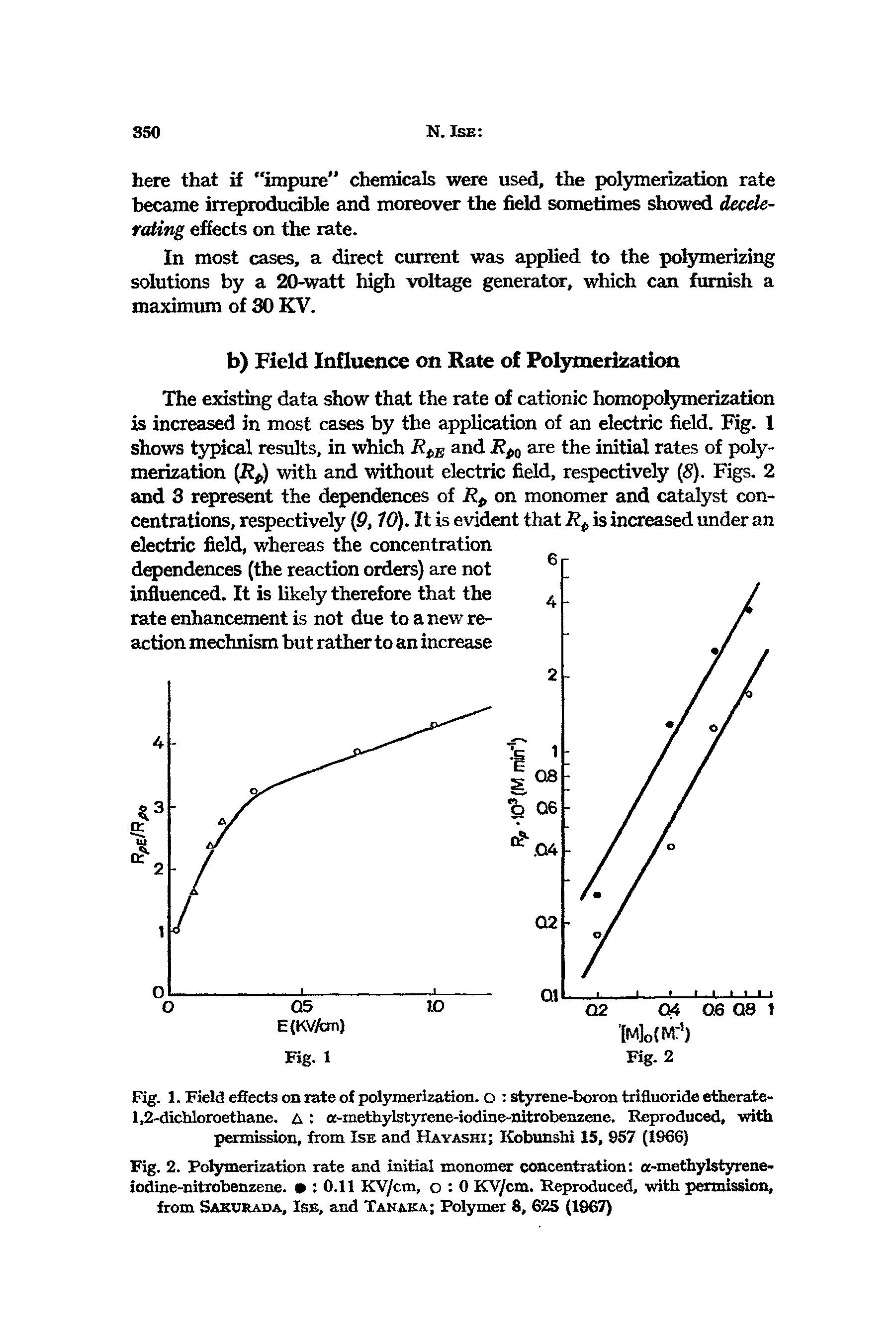 Fig. 1. Field effects on rate of polymerization, o styrene-boron trifluoride etherate-1,2-dichloroethane. A a-methylstyrene-iodine-nitrobenzene. Reproduced, with permission, from Ise and Havashi Kobunshi 15, 957 (1966)...