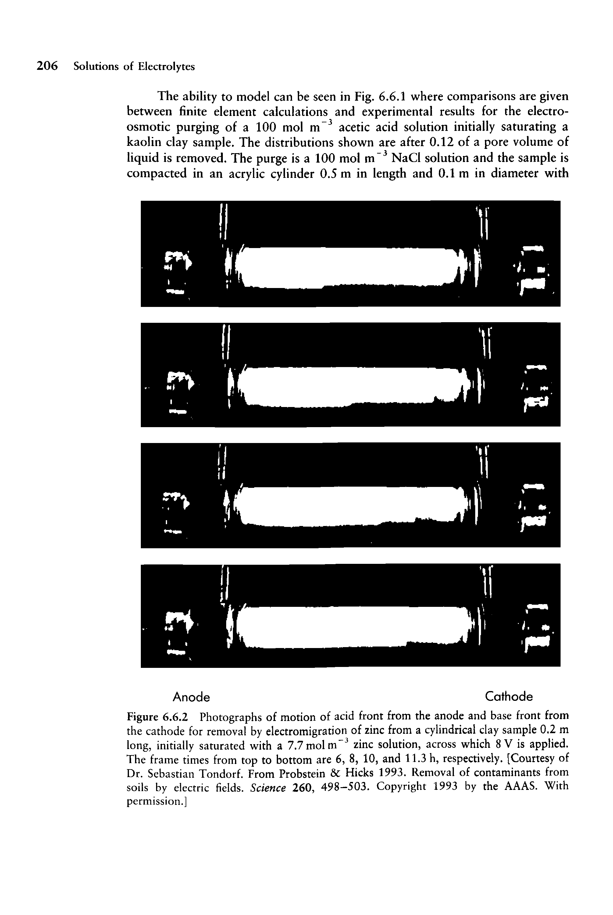 Figure 6.6.2 Photographs of motion of acid front from the anode and base front from the cathode for removal by electromigration of zinc from a cylindrical clay sample 0.2 m long, initially saturated with a 7.7 mol m" zinc solution, across which 8 V is applied. The frame times from top to bottom are 6, 8, 10, and 11.3 h, respectively. [Courtesy of Dr. Sebastian Tondorf. From Probstein Hicks 1993. Removal of contaminants from soils by electric fields. Science 260, 498—503. Copyright 1993 by the AAAS. With permission.]...
