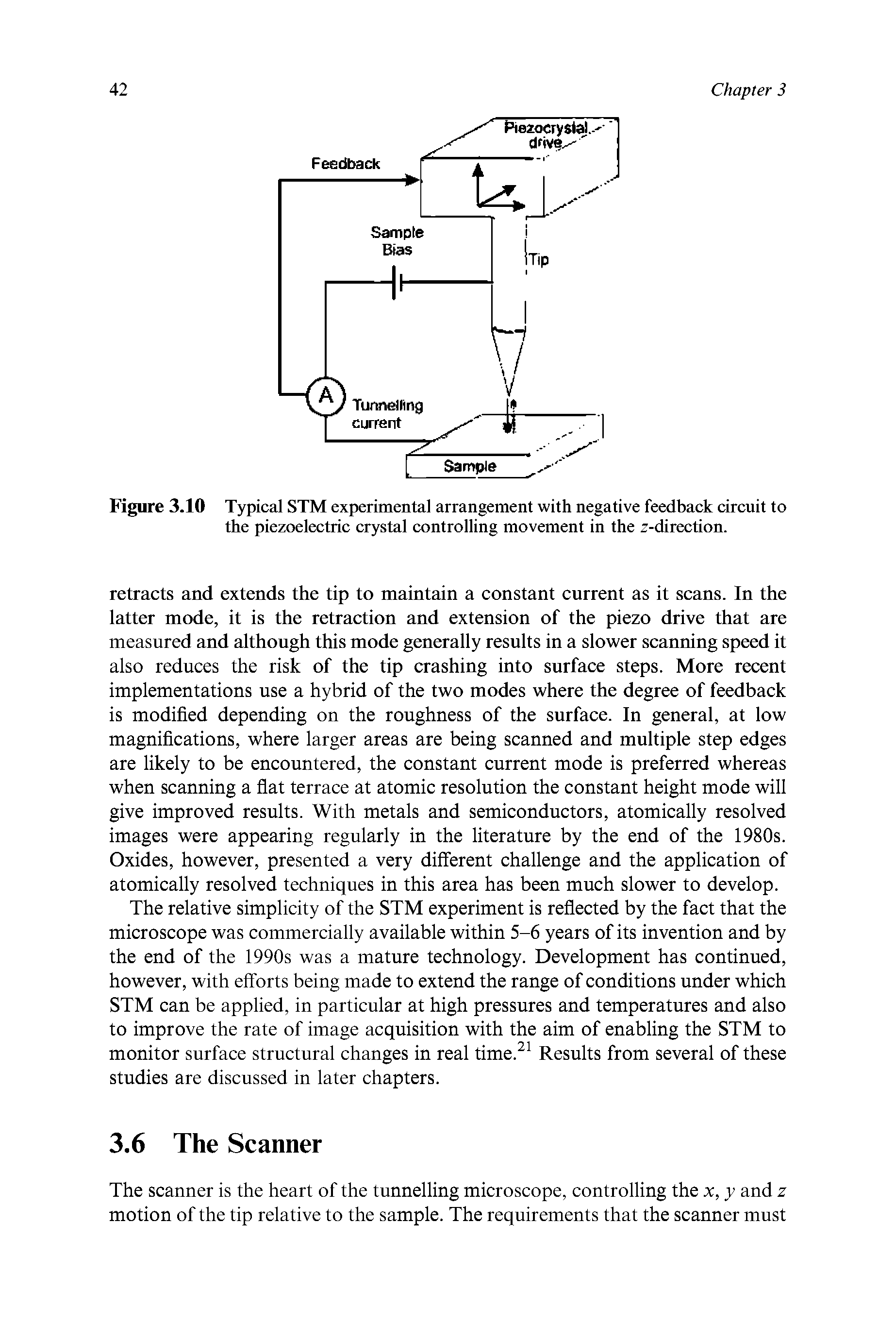 Figure 3.10 Typical STM experimental arrangement with negative feedback circuit to the piezoelectric crystal controlling movement in the z-direction.