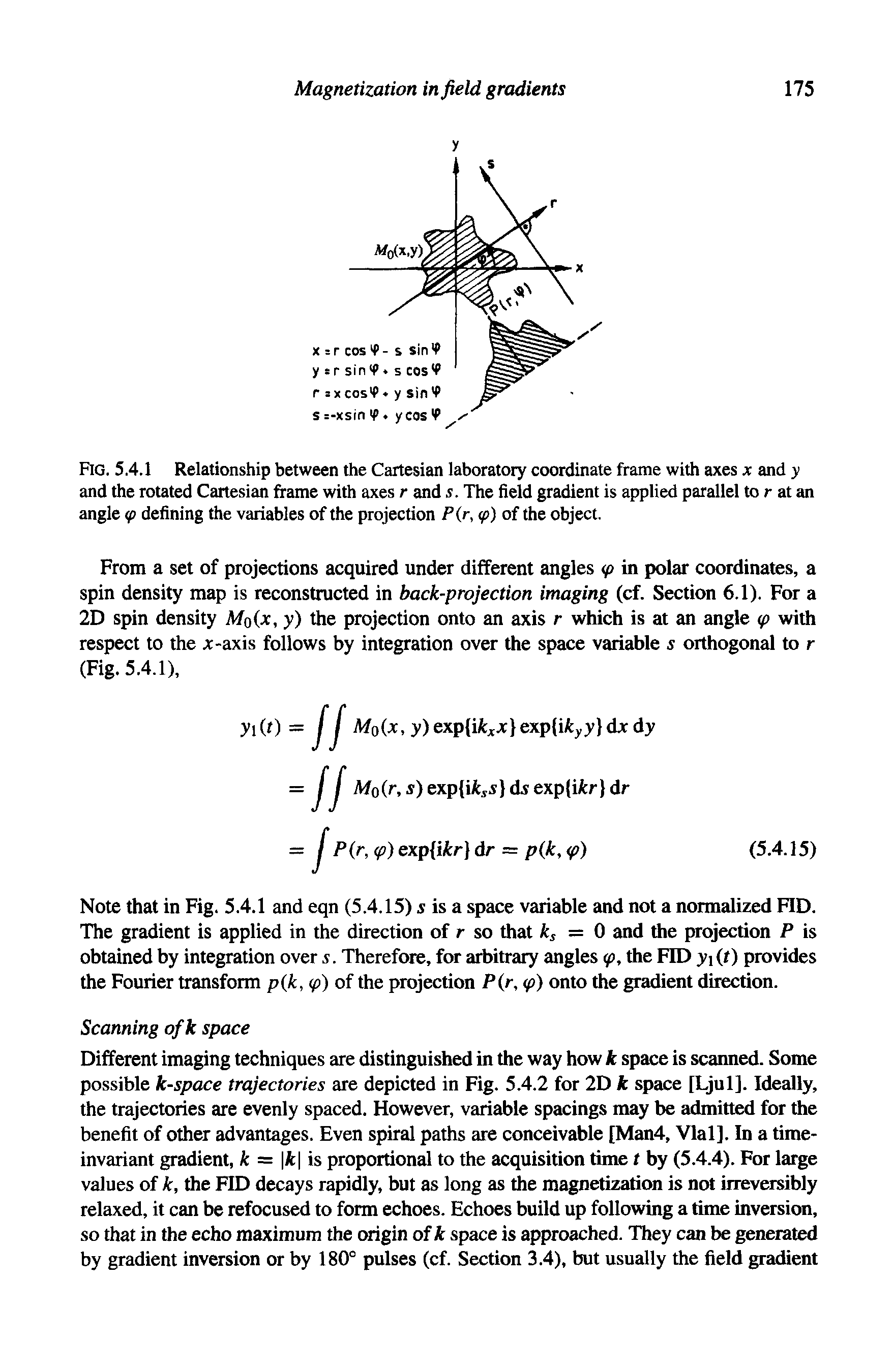 Fig. 5.4.1 Relationship between the Cartesian laboratory coordinate frame with axes x and y and the rotated Cartesian frame with axes r and s. The field gradient is applied parallel to r at an angle <p defining the variables of the projection P(r, <p) of the object.