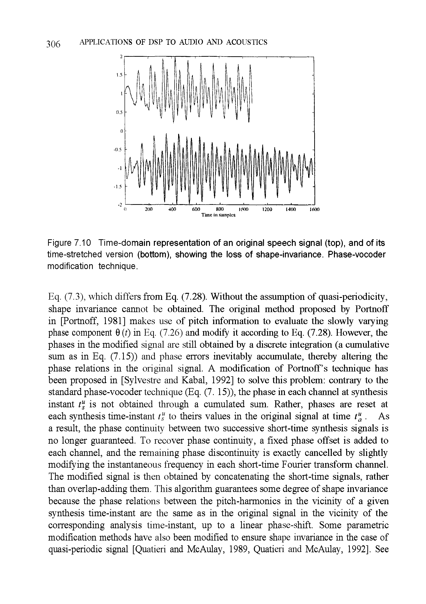Figure 7.10 Time-domain representation of an original speech signal (top), and of its time-stretched version (bottom), showing the loss of shape-invariance. Phase-vocoder...