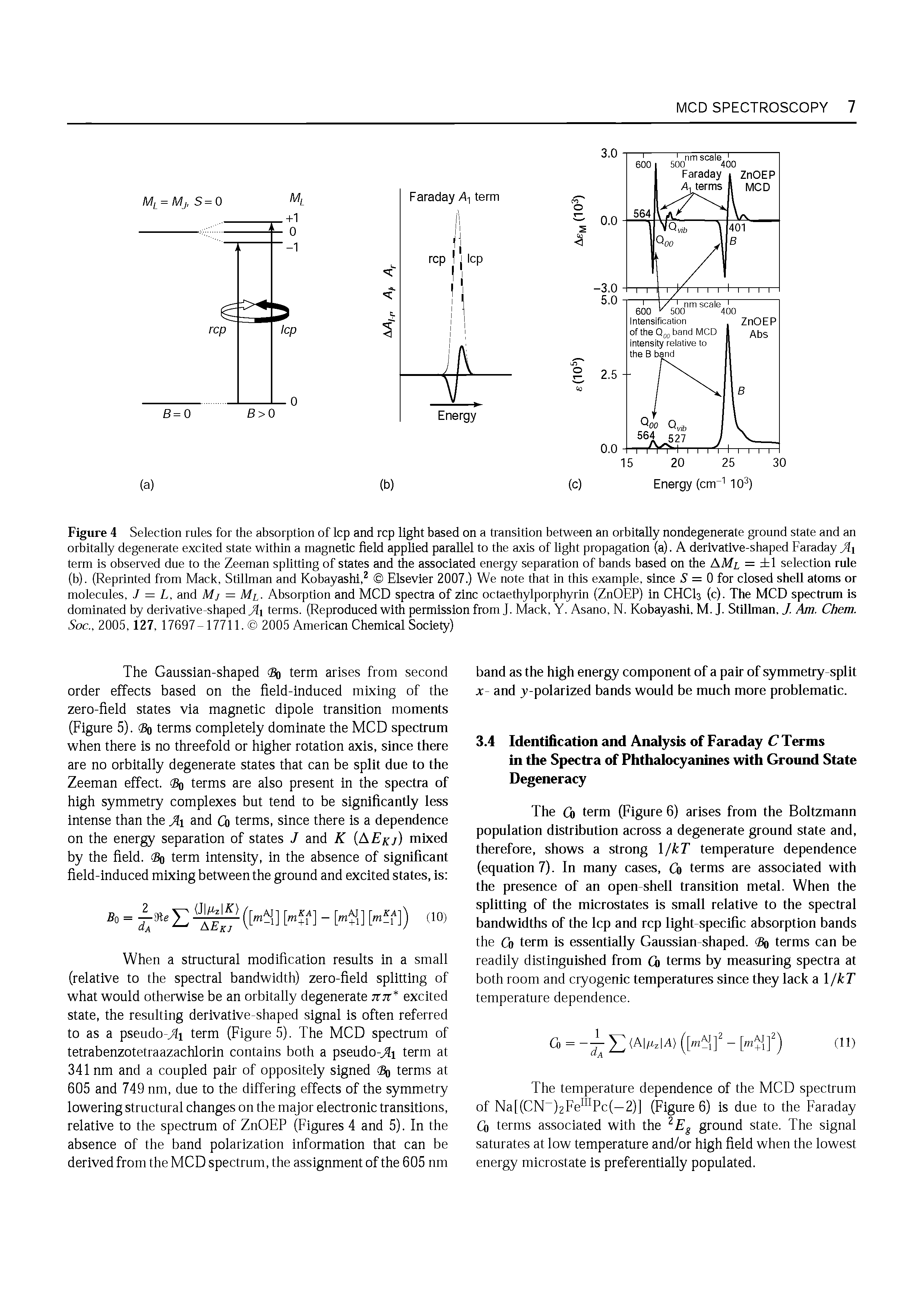 Figure 4 Selection rules for the absorption of Icp and rep light based on a transition between an orbitally nondegenerate ground state and an orbitally degenerate excited state within a magnetic field applied parallel to the axis of light propagation (a). A derivative-shaped Faraday Ai term is observed due to the Zeeman splitting of states and the associated energy separation of bands based on the AMl = 1 selection rule (b). (Reprinted from Mack, Stillman and Kobayashi, Elsevier 2007.) We note that in this example, since 5 = 0 for closed shell atoms or molecules, J = L, and Mj = Ml. Absorption and MCD spectra of zinc octaethylporphyrin (ZnOEP) in CHCI3 (c). The MCD spectrum is dominated by derivative-shaped Ai terms. (Reproduced with permission from J. Mack, Y. Asano, N. Kobayashi, M. J. Stillman, J. Am. Chem. Soc., 2005,127, 17697-17711. 2005 American Chemical Society)...
