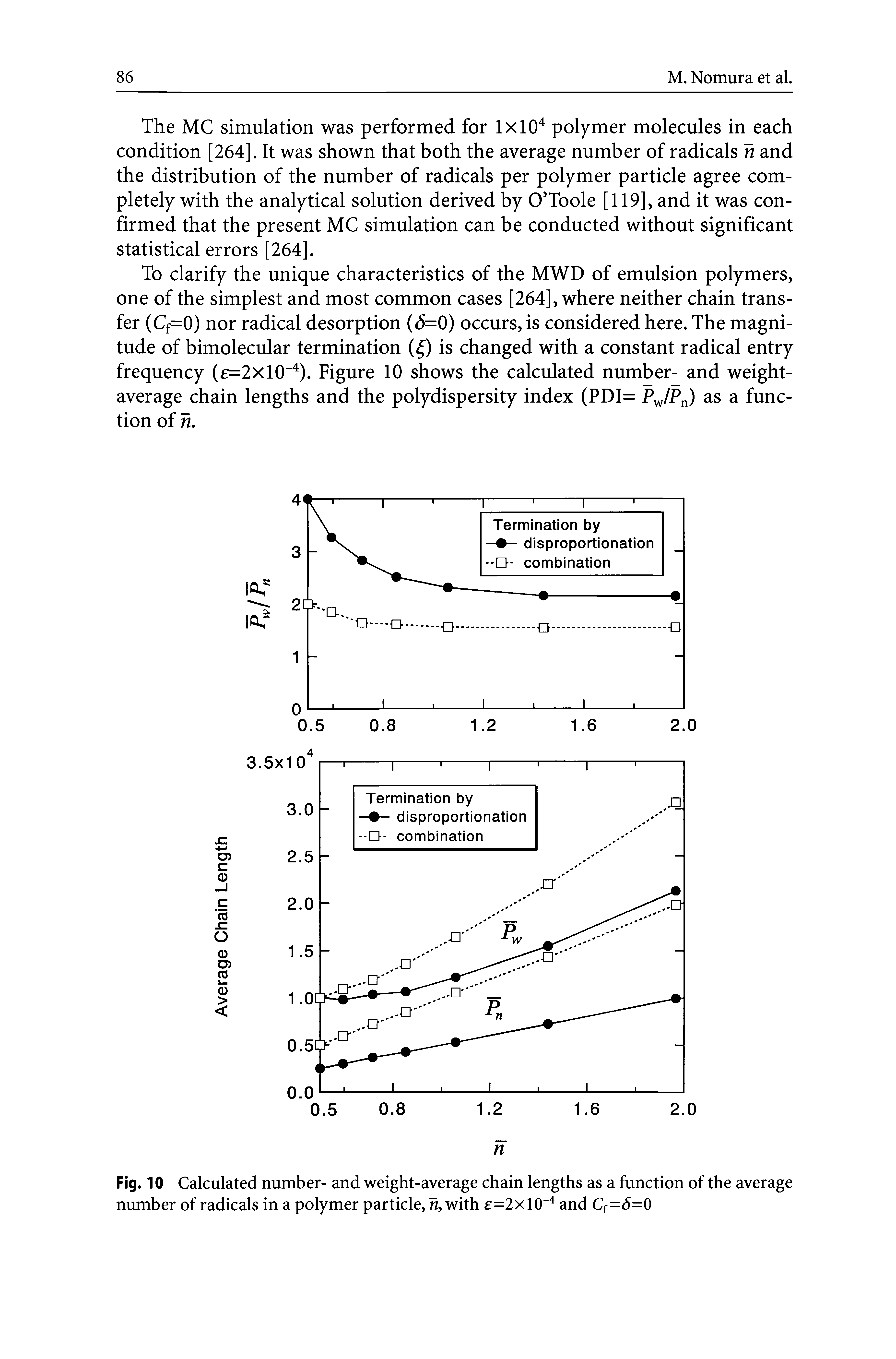 Fig. 10 Calculated number- and weight-average chain lengths as a function of the average number of radicals in a polymer particle, n, with c=2xl0" and Cf=S=0...