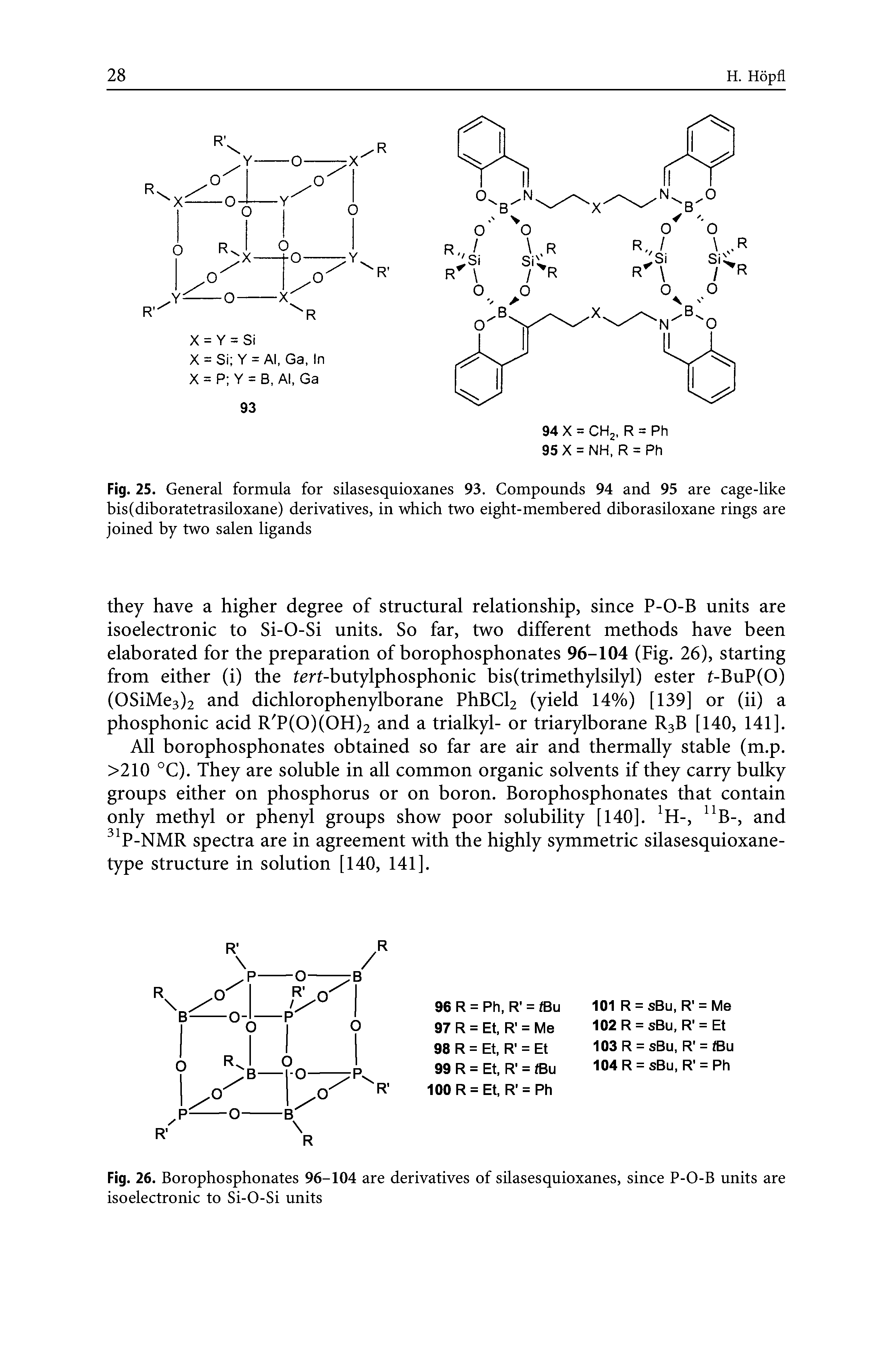 Fig. 25. General formula for silasesquioxanes 93. Compounds 94 and 95 are cage-like bis(diboratetrasiloxane) derivatives, in which two eight-membered diborasiloxane rings are joined by two salen ligands...