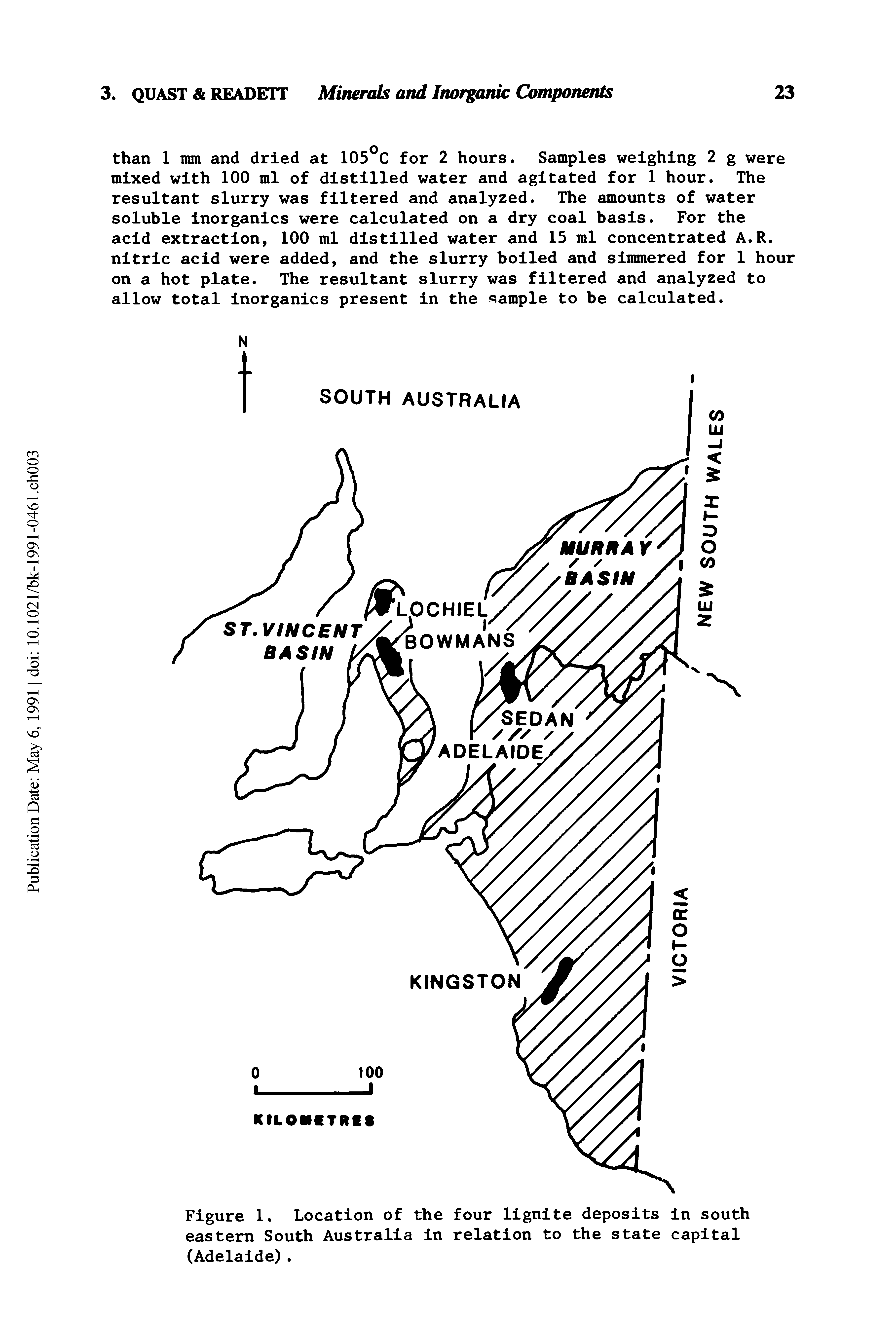 Figure 1. Location of the four lignite deposits in south eastern South Australia in relation to the state capital (Adelaide).