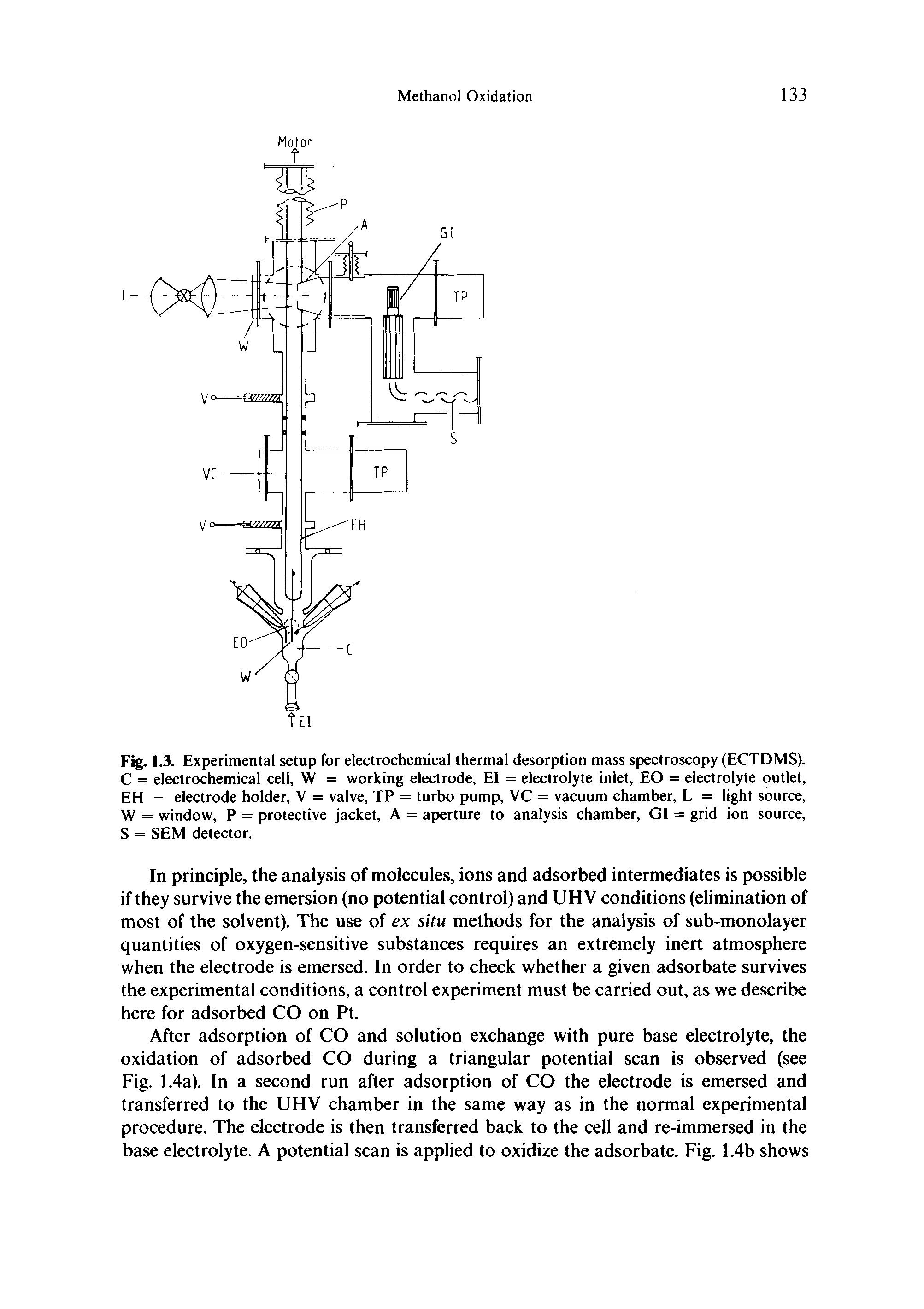 Fig. 1.3. Experimental setup for electrochemical thermal desorption mass spectroscopy (ECTDMS). C = electrochemical cell, W = working electrode, El = electrolyte inlet, EO = electrolyte outlet, EH = electrode holder, V = valve, TP = turbo pump, VC = vacuum chamber, L = light source, W = window, P = protective jacket, A = aperture to analysis chamber, GI = grid ion source, S = SEM detector.