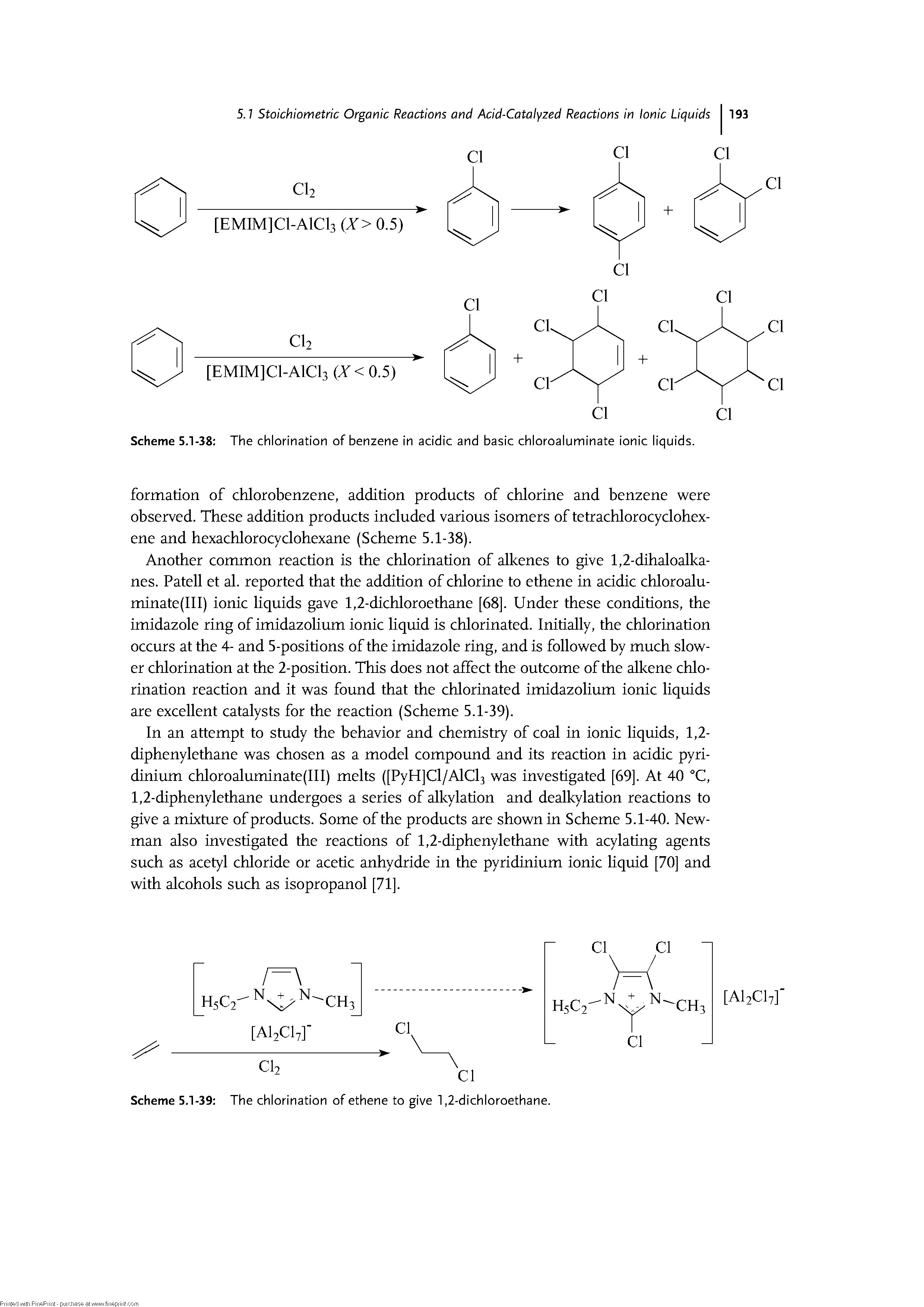 Scheme 5.1-38 The chlorination of benzene in acidic and basic chloroaluminate ionic liquids.