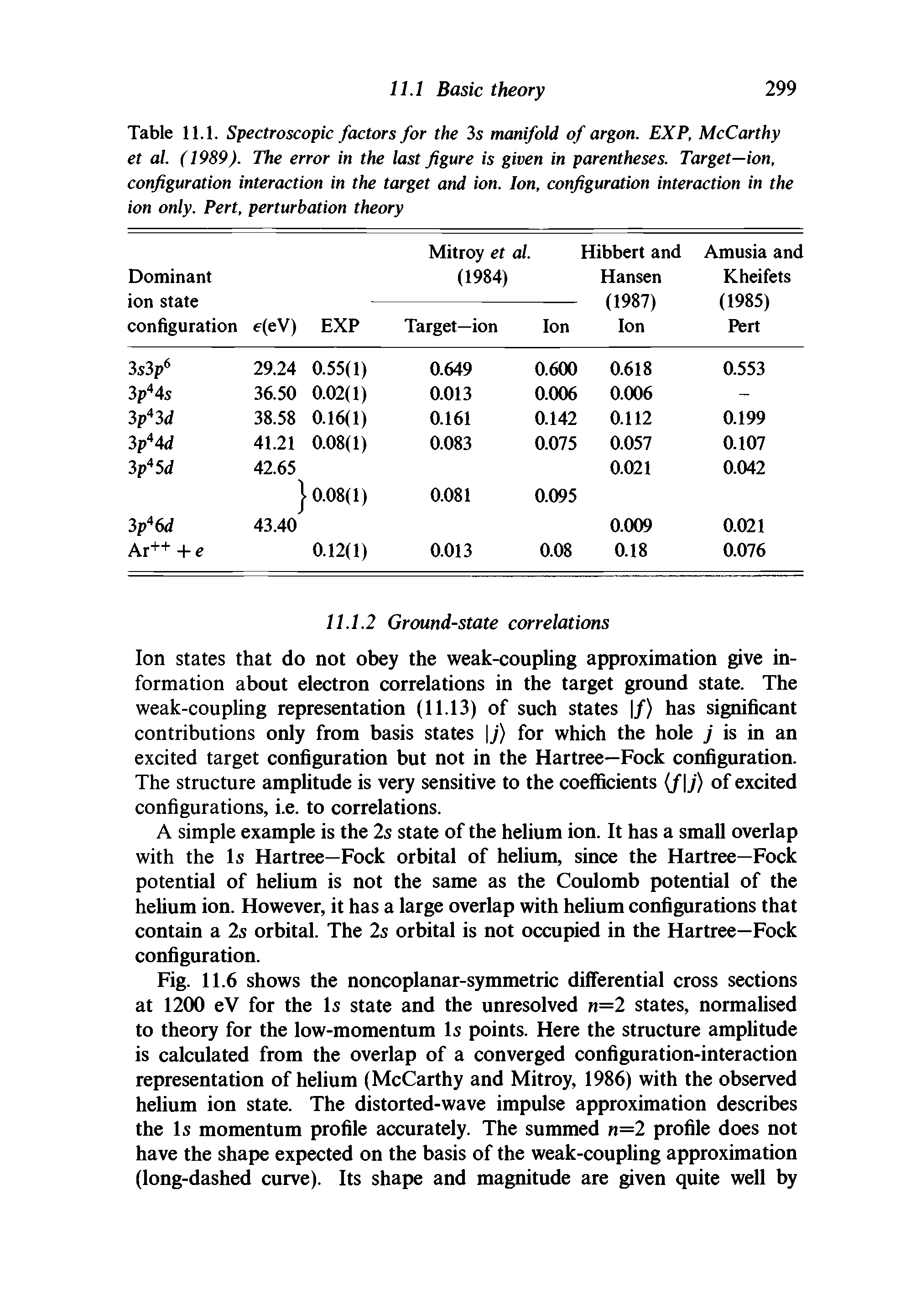 Table 11.1. Spectroscopic factors for the 3s manifold of argon. EXP, McCarthy et al. (1989). The error in the last figure is given in parentheses. Target—ion, configuration interaction in the target and ion. Ion, configuration interaction in the ion only. Pert, perturbation theory...