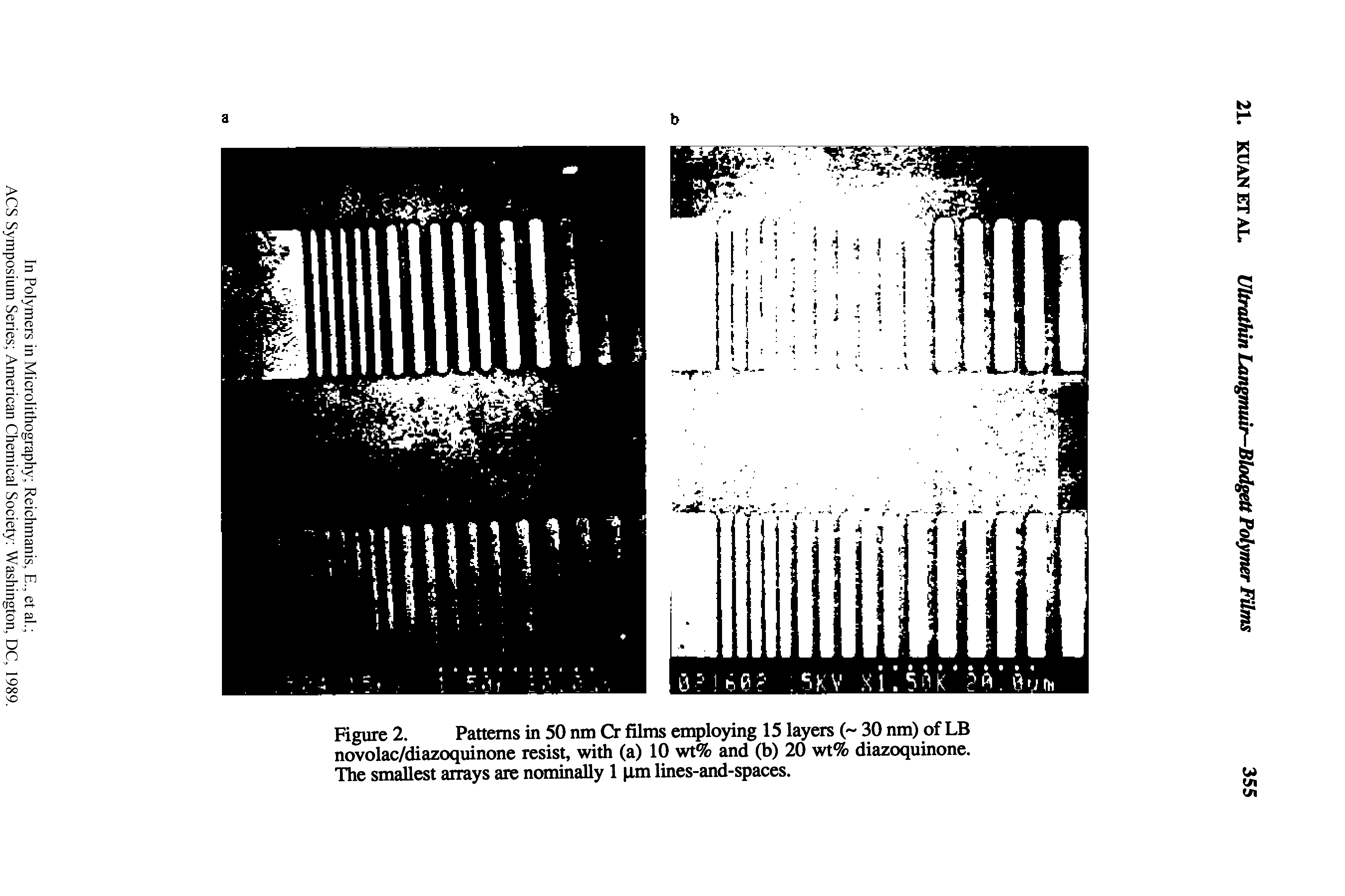 Figure 2. Patterns in 50 nm Cr films employing 15 layers ( 30 nm) of LB novolac/diazoquinone resist, with (a) 10 wt% and (b) 20 wt% diazoquinone. The smallest arrays are nominally 1 pm lines-and-spaces.