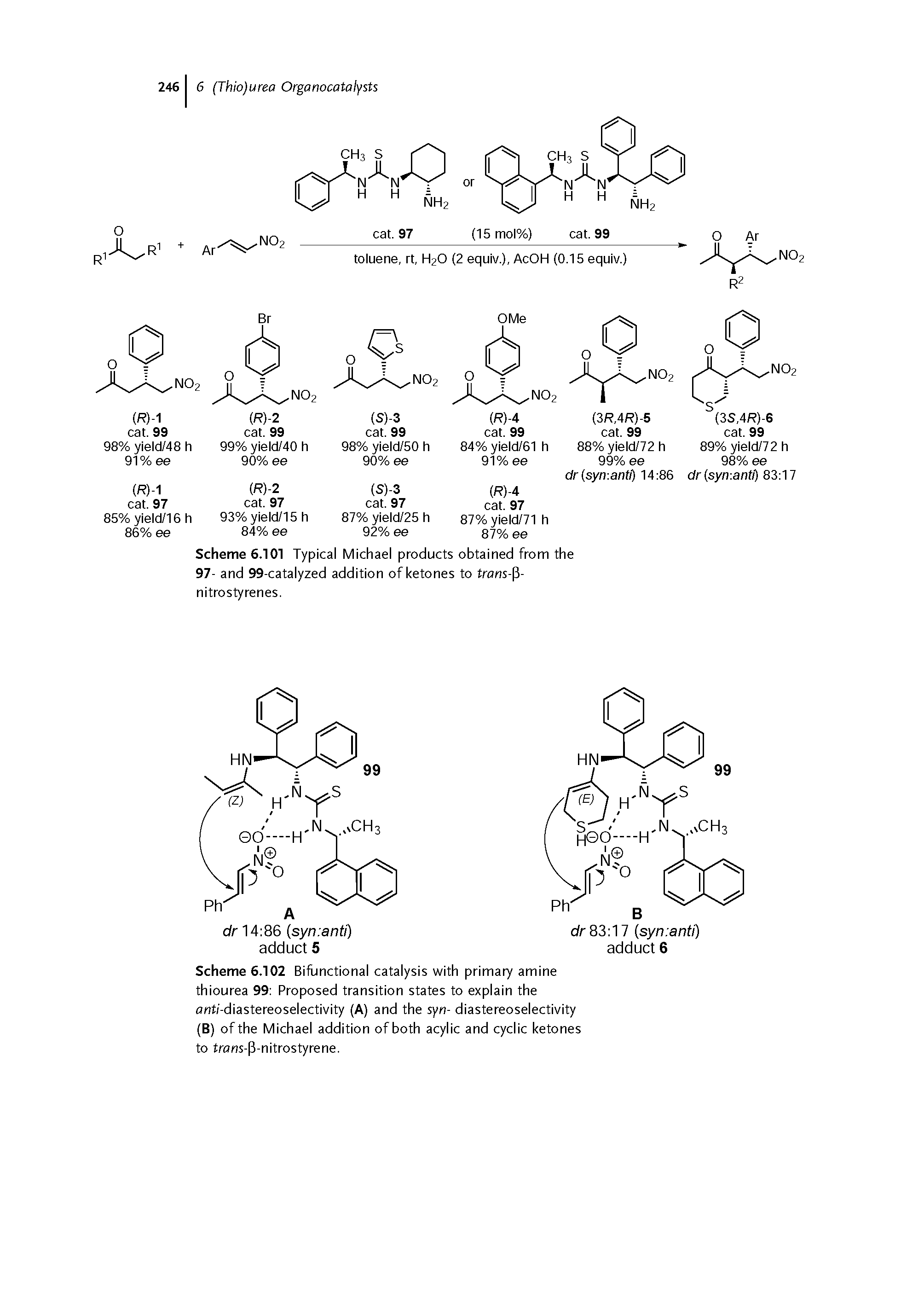 Scheme 6.102 Bifunctional catalysis with primary amine thiourea 99 Proposed transition states to explain the onfi-diastereoselectivity (A) and the syn- diastereoselectivity (B) of the Michael addition of both acylic and cyclic ketones to frans-P-nitrostyrene.