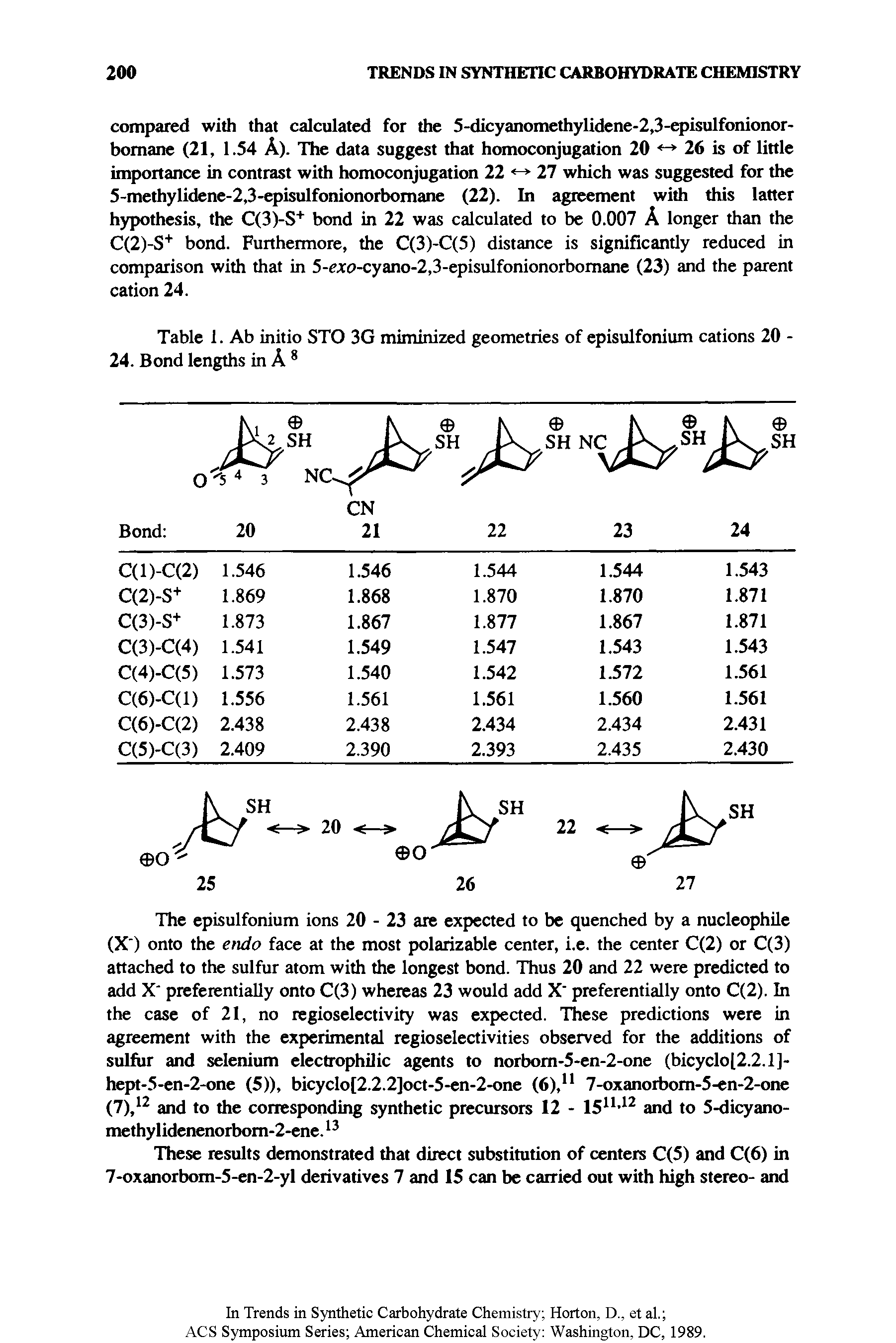 Table 1. Ab initio STO 3G miminized geometries of episulfonium cations 20 -24. Bond lengths in A ...