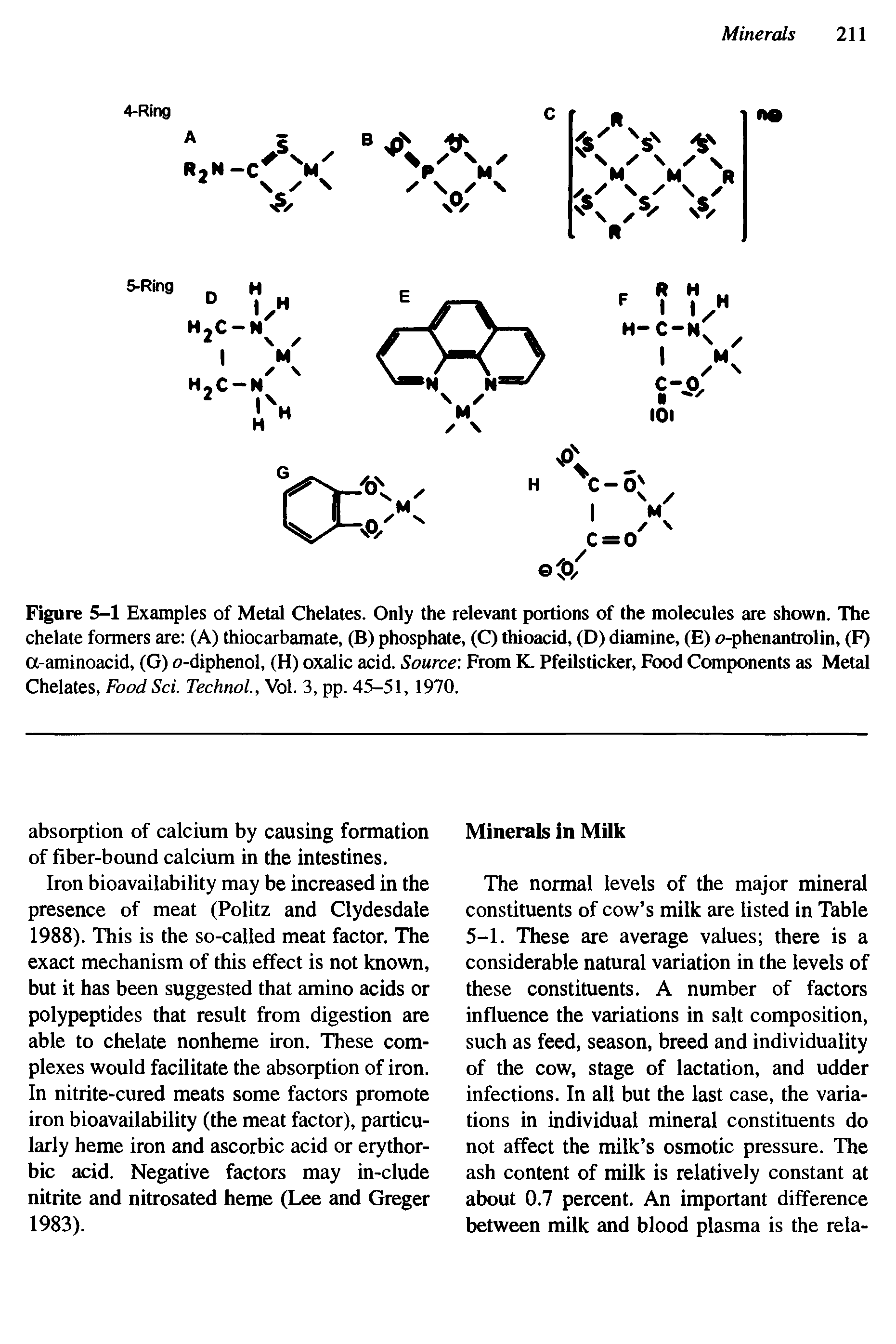 Figure 5-1 Examples of Metal Chelates. Only the relevant portions of the molecules are shown. The chelate formers are (A) thiocarbamate, (B) phosphate, (C) thioacid, (D) diamine, (E) o-phenantrolin, (F) a-aminoacid, (G) o-diphenol, (H) oxalic acid. Source From K. Pfeilsticker, Food Components as Metal Chelates, Food Sci. Technol., Vol. 3, pp. 45-51, 1970.