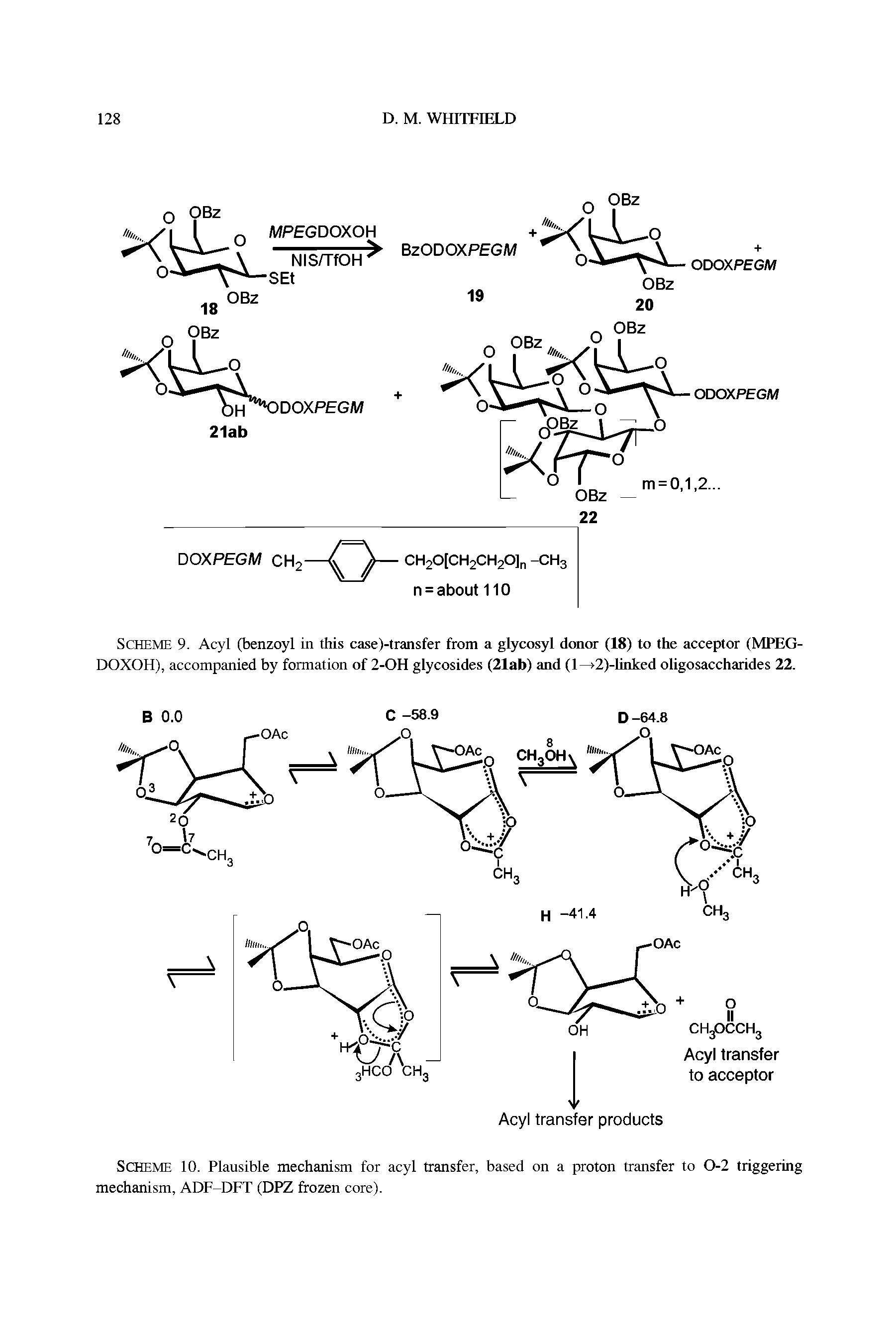 Scheme 9. Acyl (benzoyl in this case)-transfer from a glycosyl donor (18) to the acceptor (MPEG-DOXOH), accompanied by formation of 2-OH glycosides (21ab) and (I >2)-linkcd oligosaccharides 22.