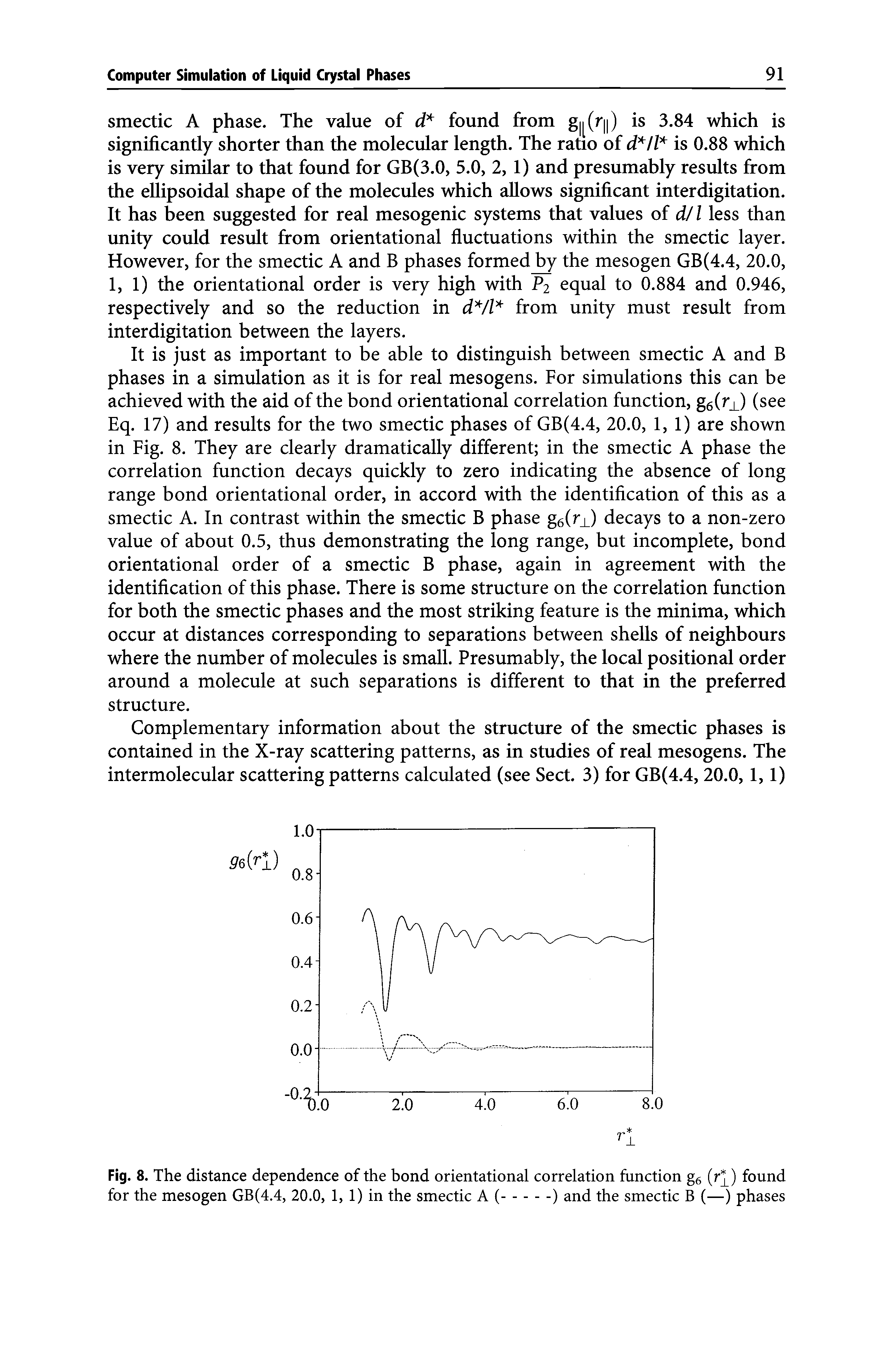 Fig. 8. The distance dependence of the bond orientational correlation function gs (r ) found for the mesogen GB(4.4, 20.0, 1, 1) in the smectic A (.) and the smectic B (—) phases...