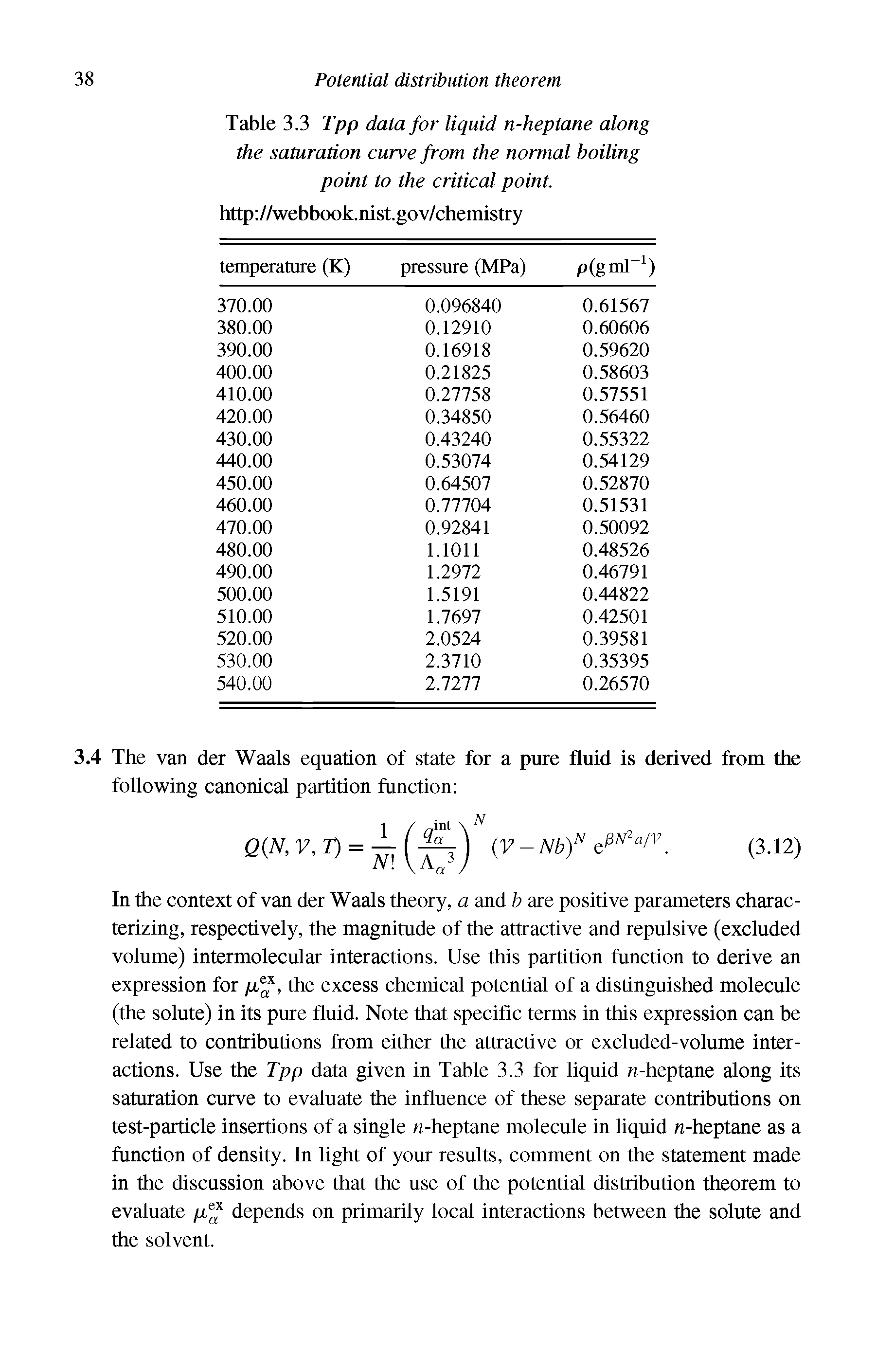 Table 3.3 Tpp data for liquid n-heptane along the saturation curve from the normal boiling point to the critical point. http //webbook.nist.gov/chemistry...