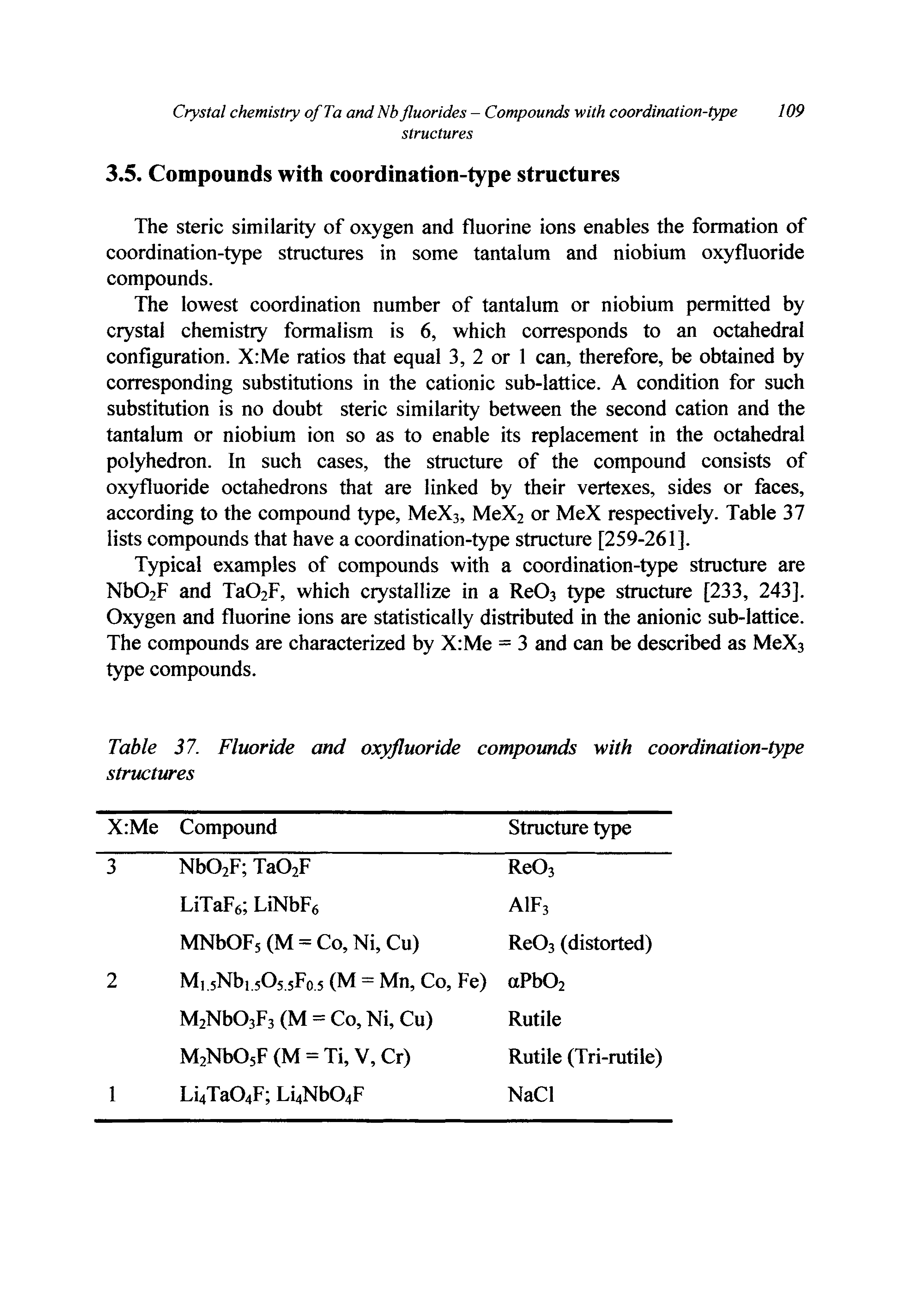 Table 37. Fluoride and oxyfluoride compounds with coordination-type structures...