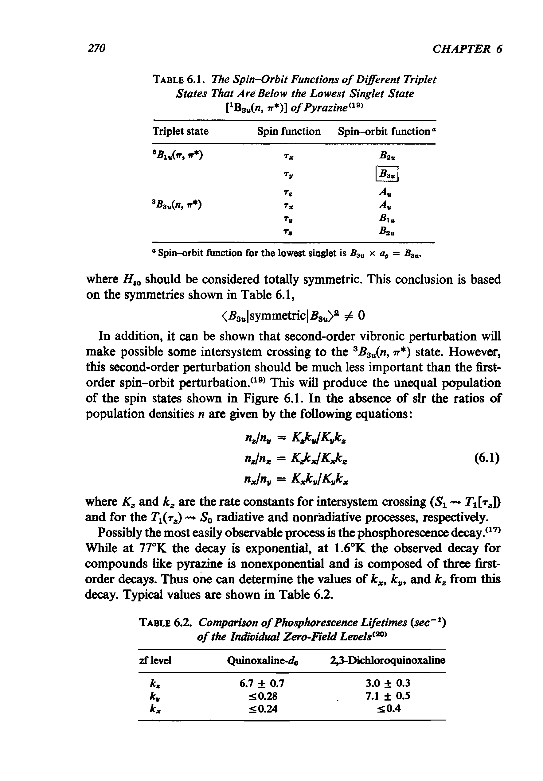 Table 6.1. The Spin-Orbit Functions of Different Triplet States That Are Below the Lowest Singlet State [1B3u(n, tt )] of Pyrazineam...
