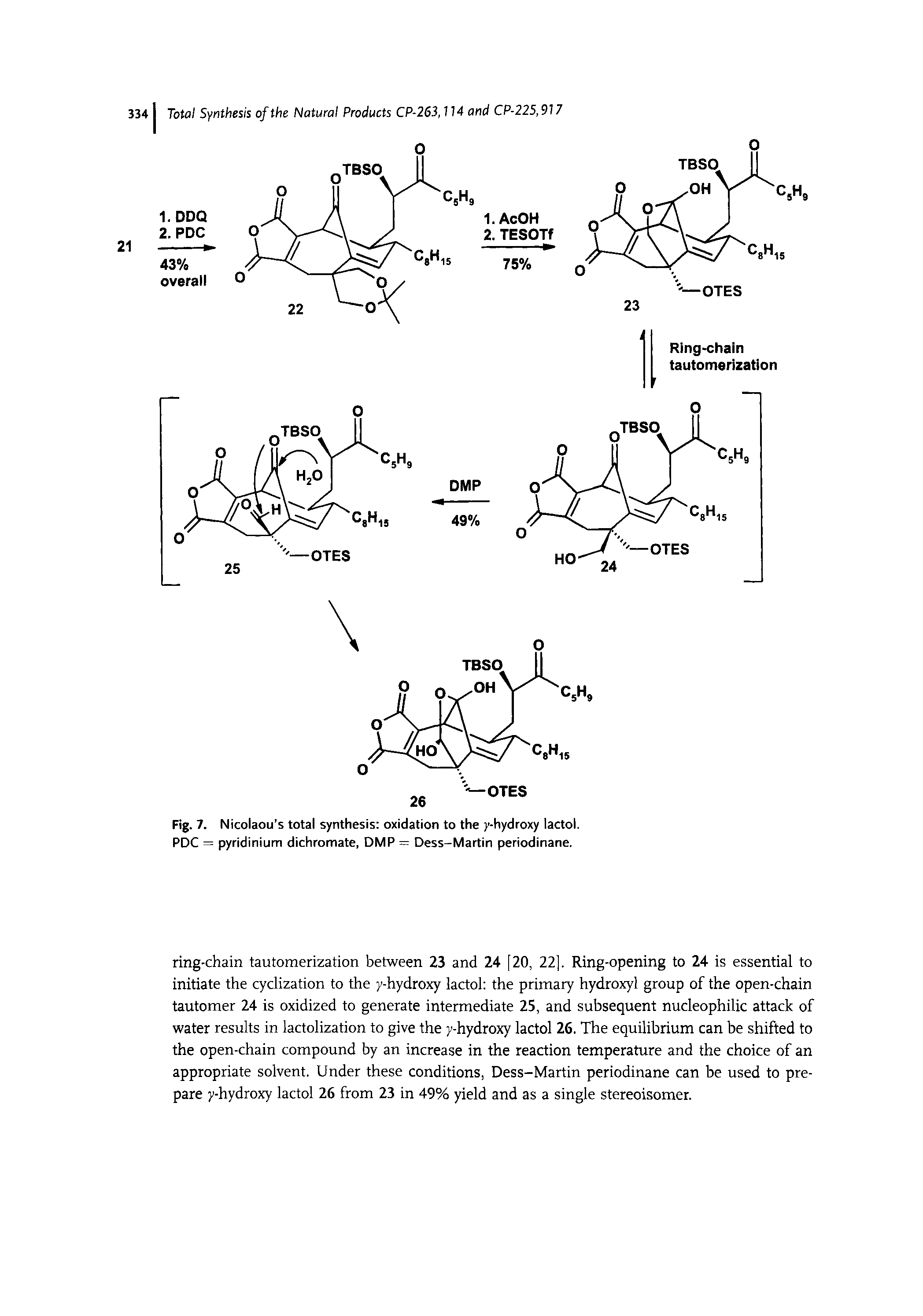 Fig. 7. Nicolaou s total synthesis oxidation to the y-hydroxy lactol. PDC = pyridinium dichromate, DMP = Dess-Martin periodinane.