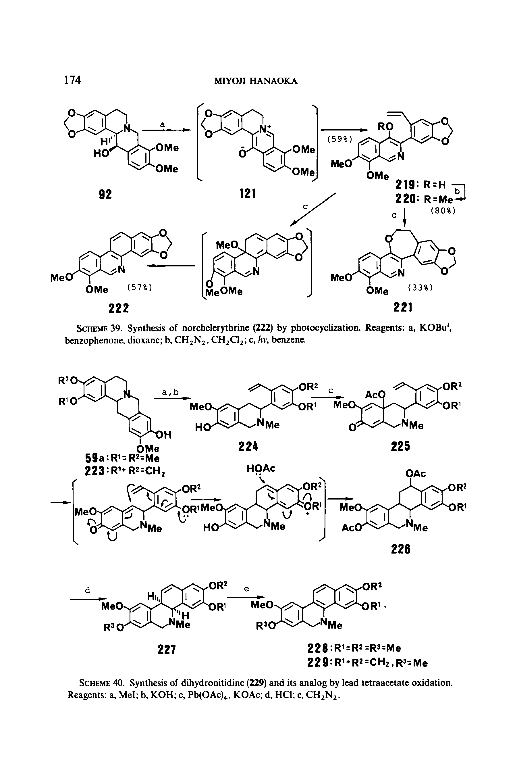 Scheme 40. Synthesis of dihydronitidine (229) and its analog by lead tetraacetate oxidation. Reagents a, Mel b, KOH c, Pb(OAc)4, KOAc d, HCl e, CH2N2.