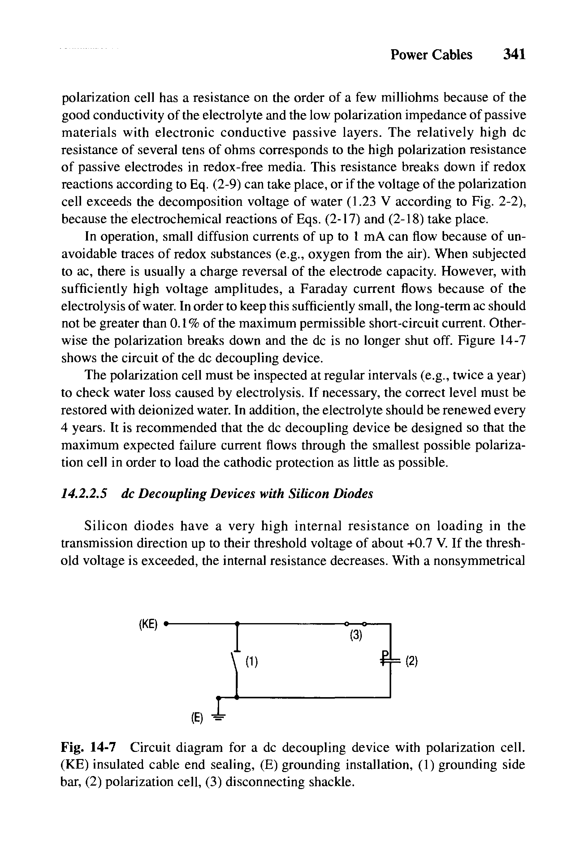 Fig. 14-7 Circuit diagram for a dc decoupling device with polarization cell. (KE) insulated cable end sealing, (E) grounding installation, (1) grounding side bar, (2) polarization cell, (3) disconnecting shackle.