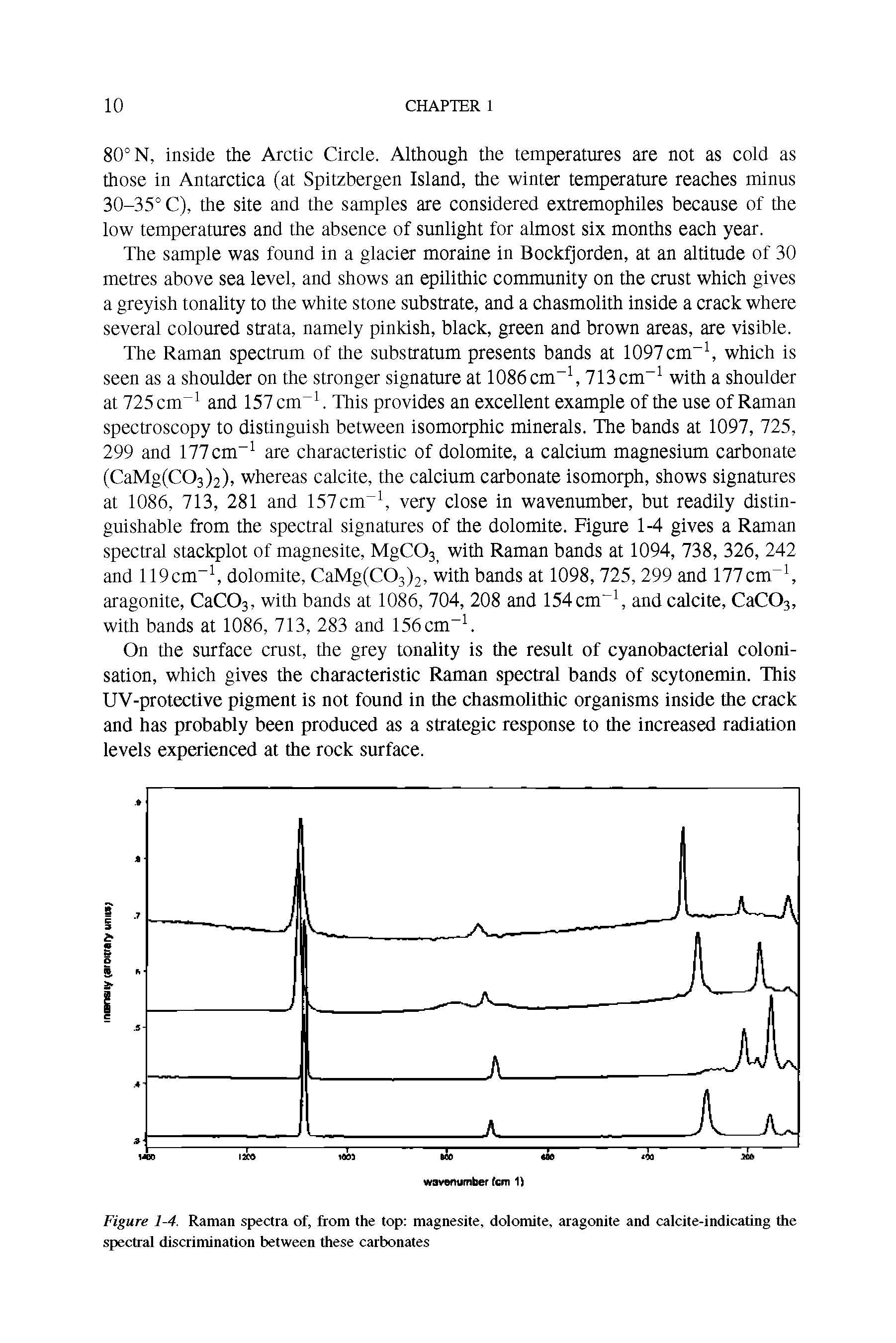 Figure 1-4. Raman spectra of, from the top magnesite, dolomite, aragonite and calcite-indicating the spectral discrimination between these carbonates...