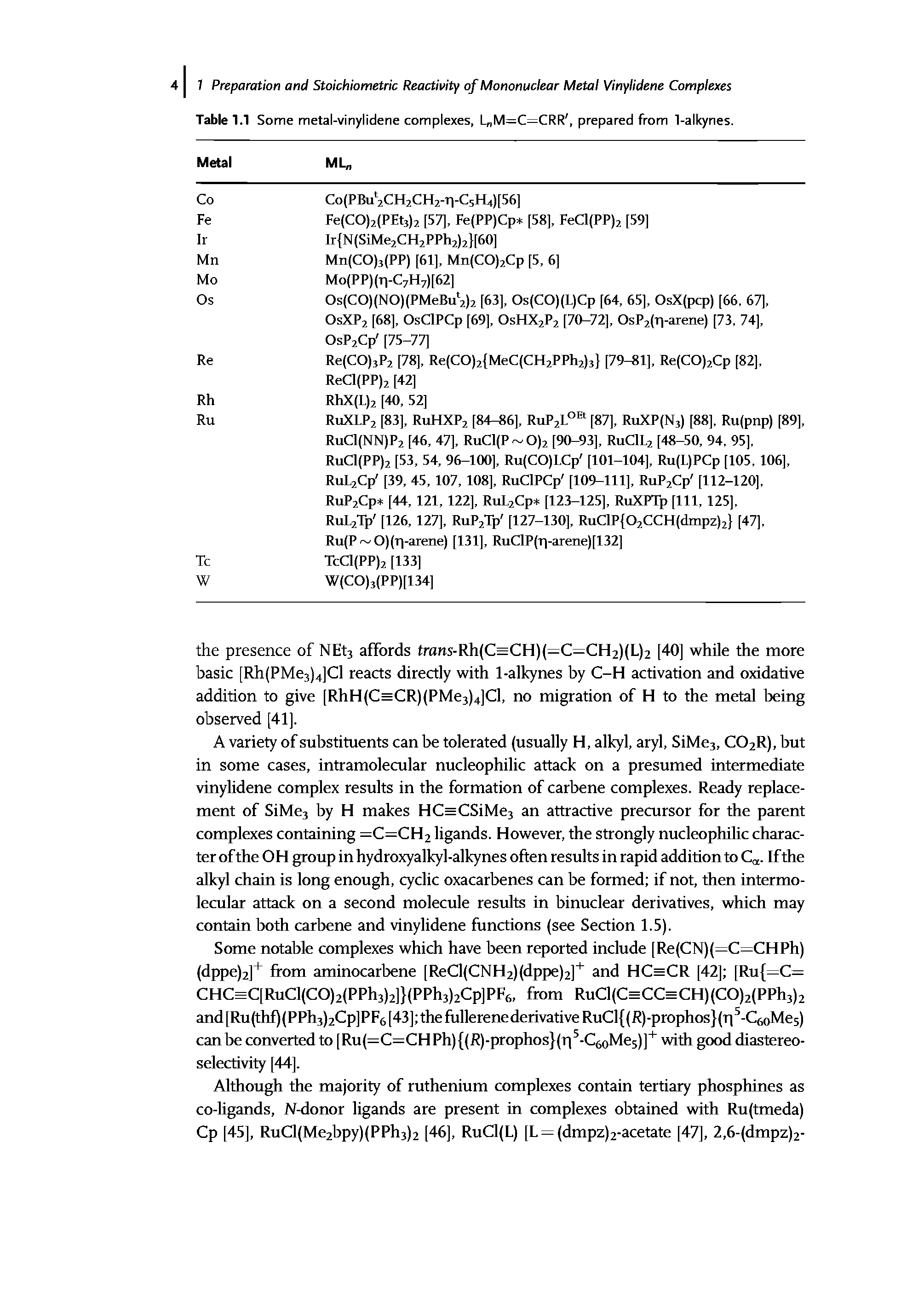 Table 1.1 Some metal-vinylidene complexes, L M=C=CRR, prepared from 1-alkynes.