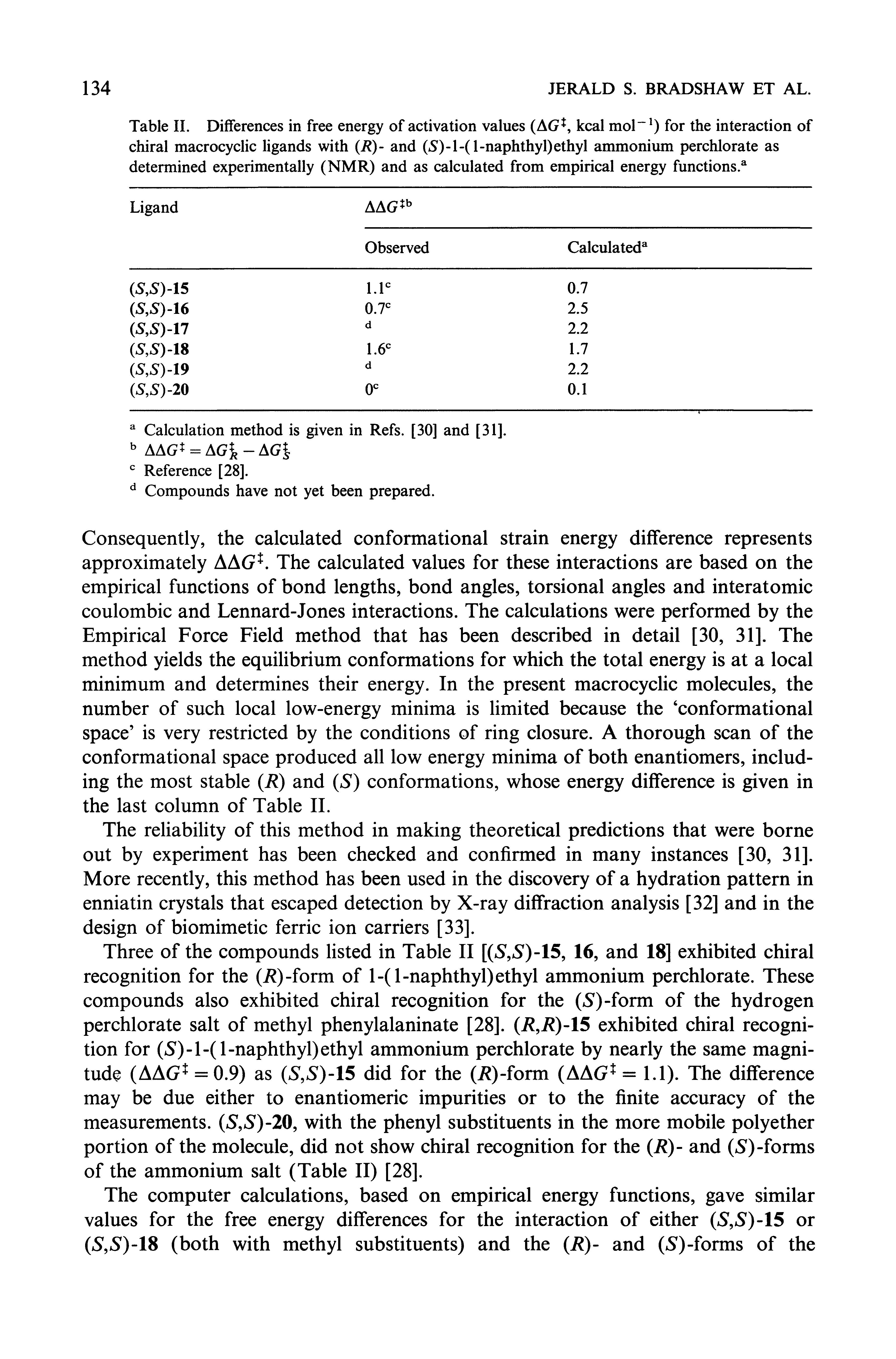 Table II. Differences in free energy of activation values (AG, kcal mol for the interaction of chiral macrocyclic ligands with (R)- and (5)-1-(1-naphthyl) ethyl ammonium perchlorate as determined experimentally (NMR) and as calculated from empirical energy functions. ...