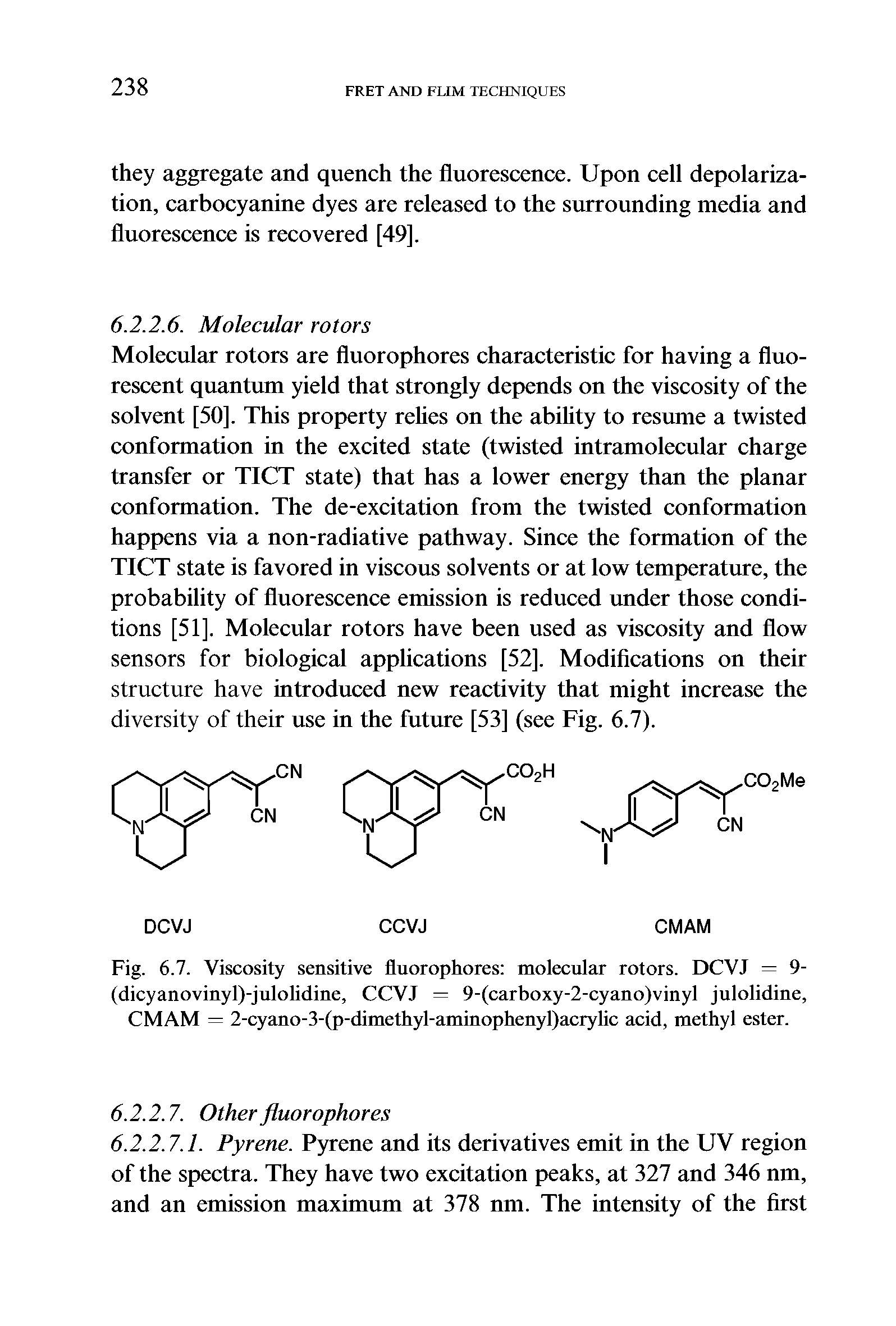 Fig. 6.7. Viscosity sensitive fluorophores molecular rotors. DCVJ = 9-(dicyanovinyl)-julolidine, CCVJ = 9-(carboxy-2-cyano)vinyl julolidine, CMAM = 2-cyano-3-(p-dimethyl-aminophenyl)acrylic acid, methyl ester.