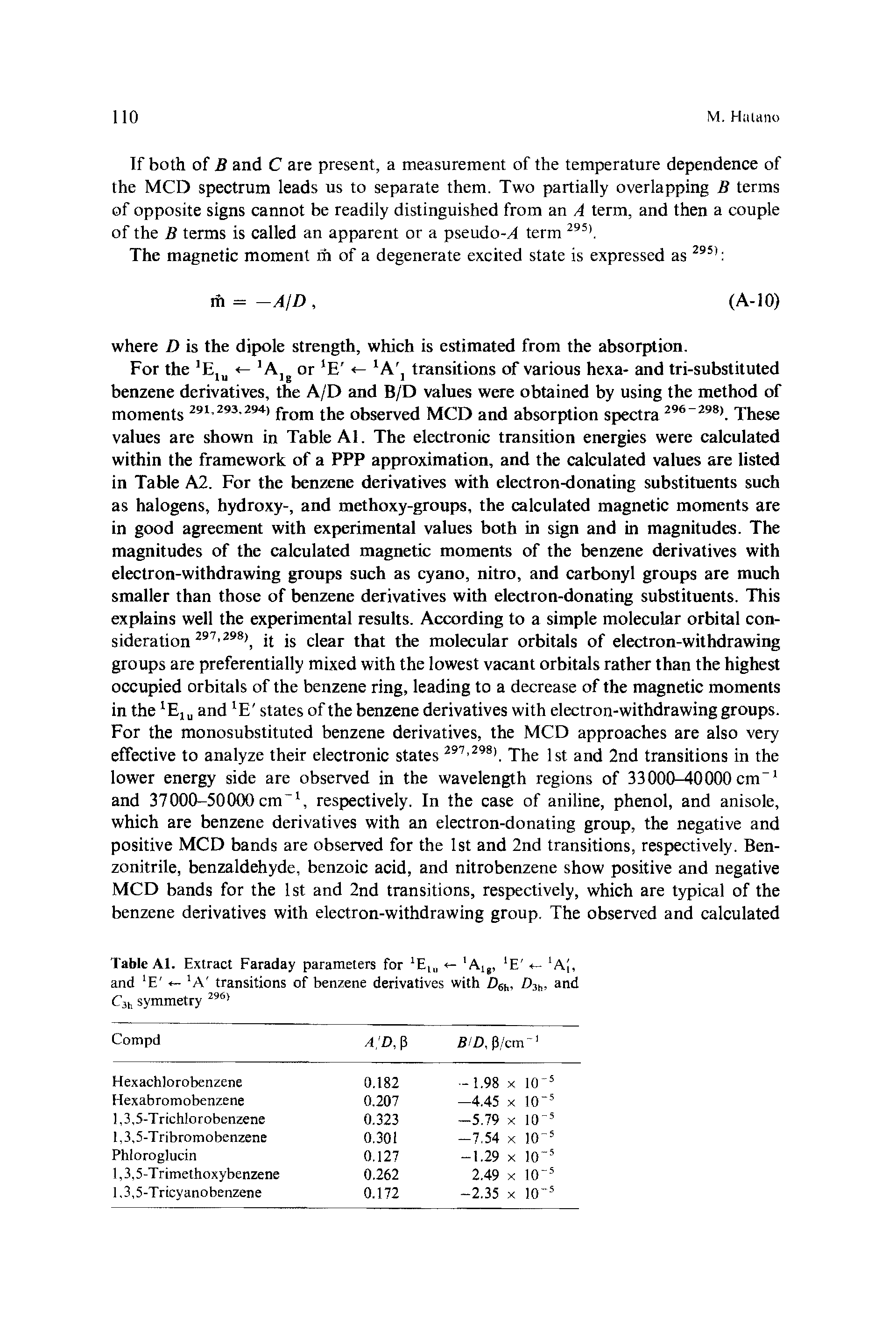 Table Al. Extract Faraday parameters for 1Elu <- Alg, E 1AJ, and E <- A transitions of benzene derivatives with Z)6h, Z)3b, and C3h symmetry 296>...