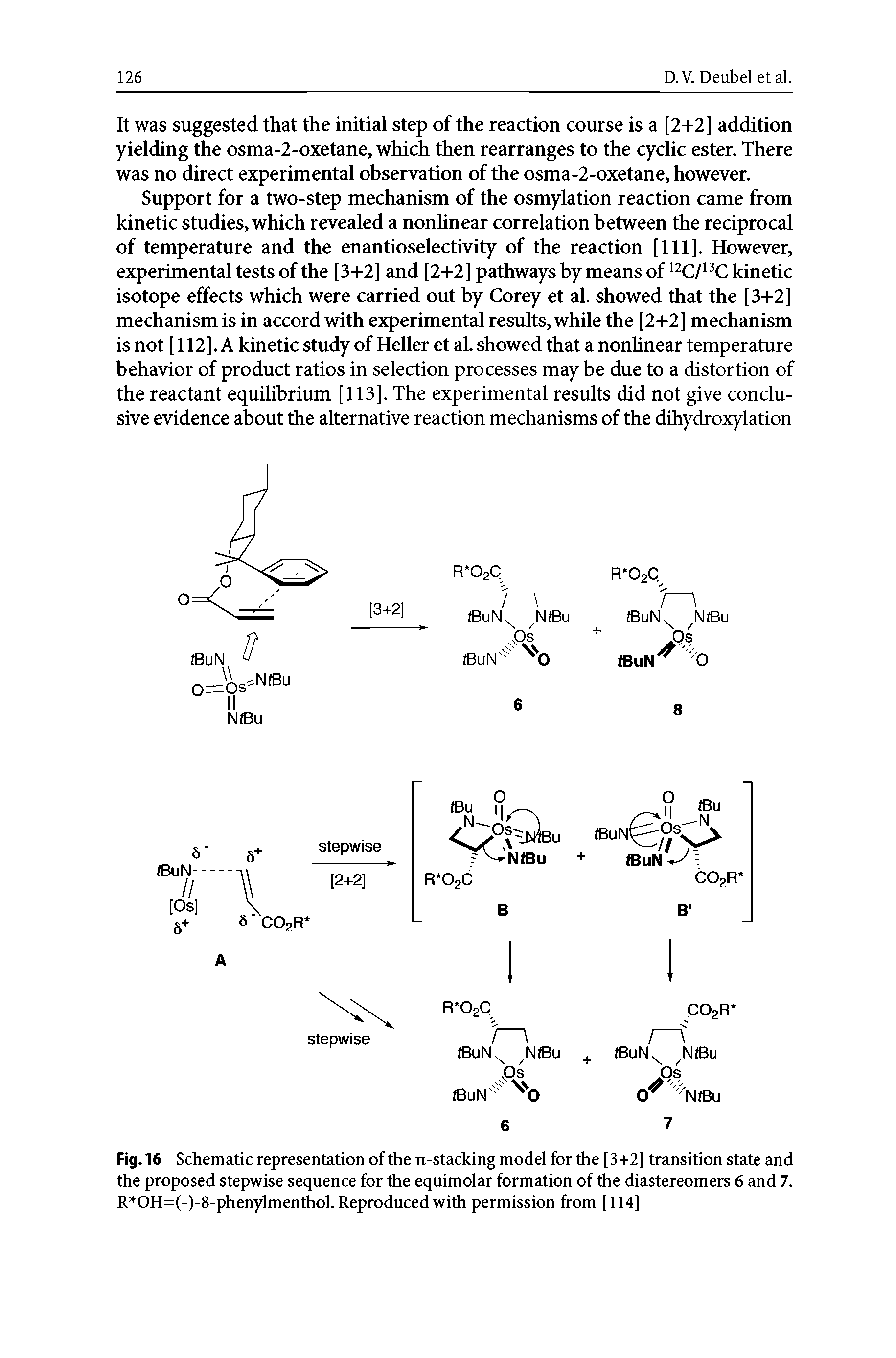 Fig. 16 Schematic representation of the n-stacking model for the [3+2] transition state and the proposed stepwise sequence for the equimolar formation of the diastereomers 6 and 7. R OH=(-)-8-phenylmenthol. Reproduced with permission from [114]...