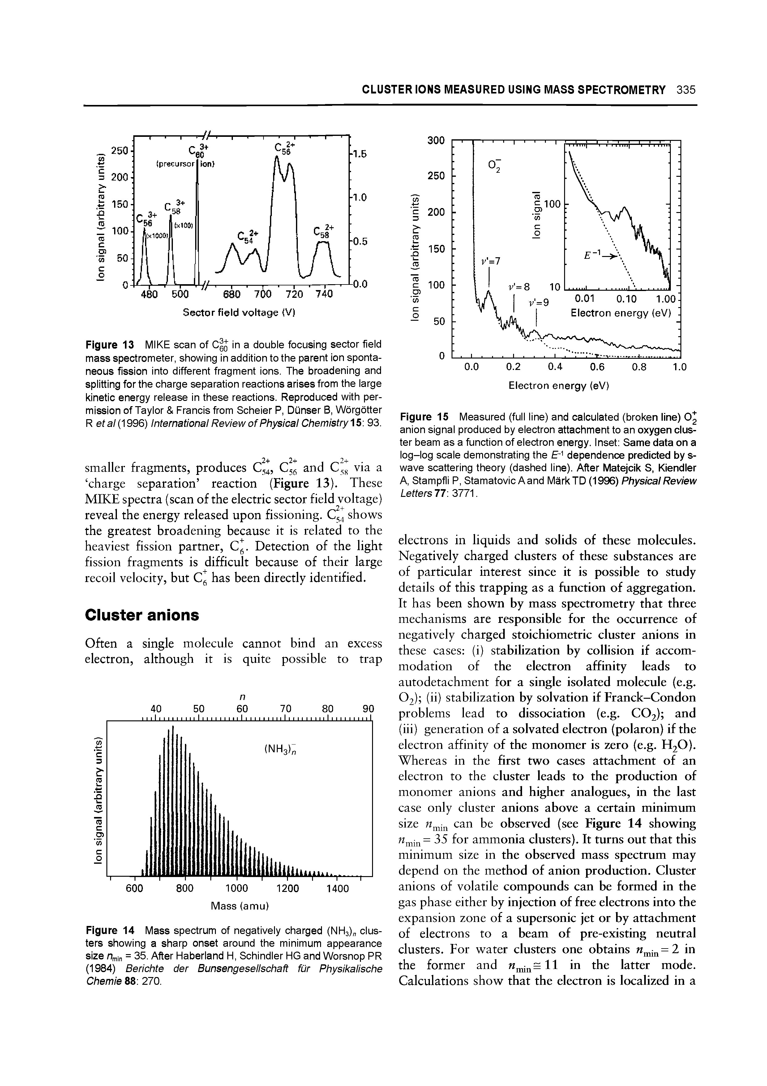 Figure 15 Measured (full line) and calculated (broken line) anion signal produced by electron attachment to an oxygen cluster beam as a function of electron energy. Inset Same data on a log-log scale demonstrating the E- dependence predicted by s-wave scattering theory (dashed line). After Matejcik S, Kiendler A, Stampfli P, Stamatovic Aand MarkTD (1996) Physical Review Letters77 .377. ...