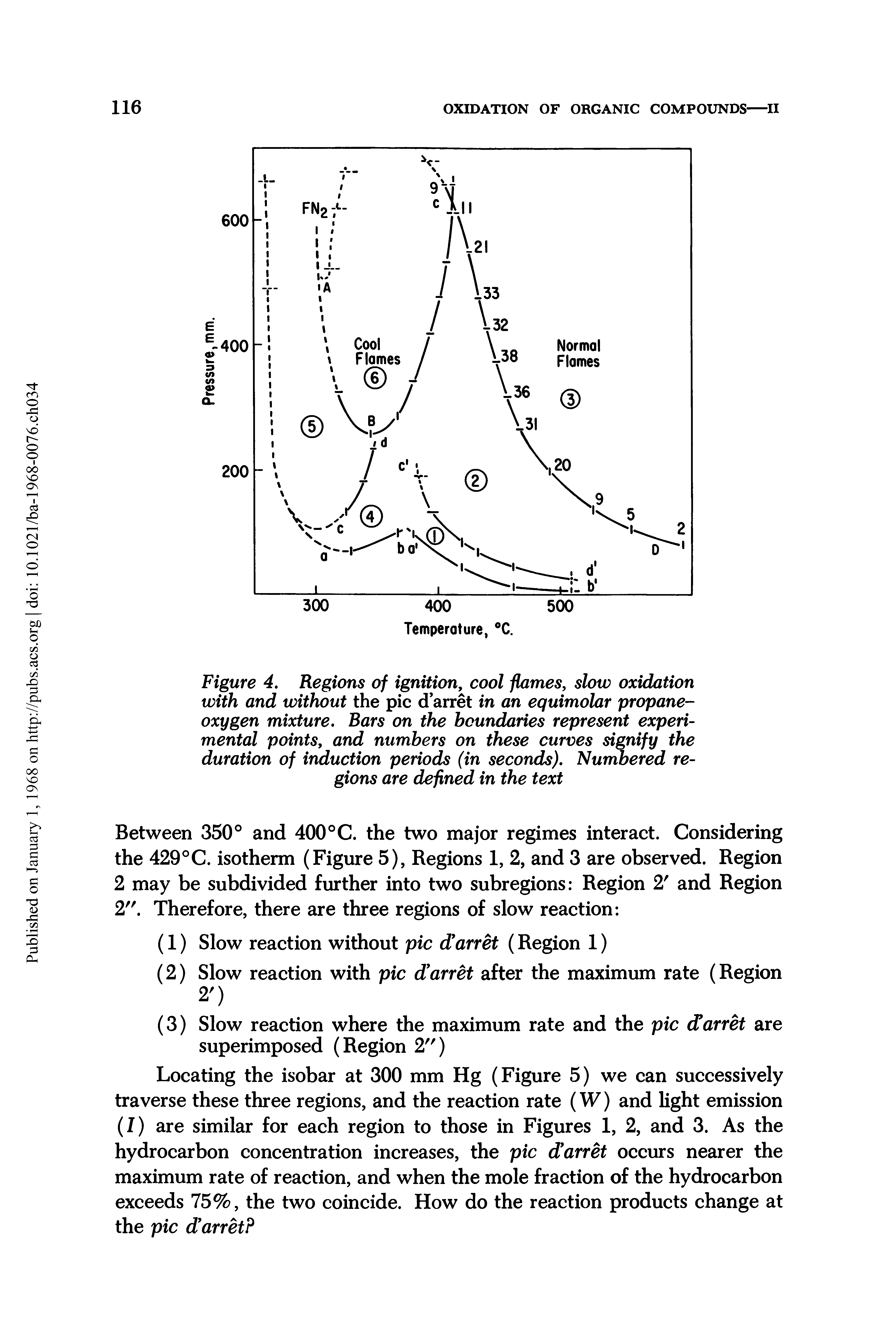 Figure 4. Regions of ignition, cool flames, slow oxidation with and without the pic darret in an equimolar propane-oxygen mixture. Bars on the boundaries represent experimental points, and numbers on these curves signify the duration of induction periods (in seconds). Numbered regions are defined in the text...