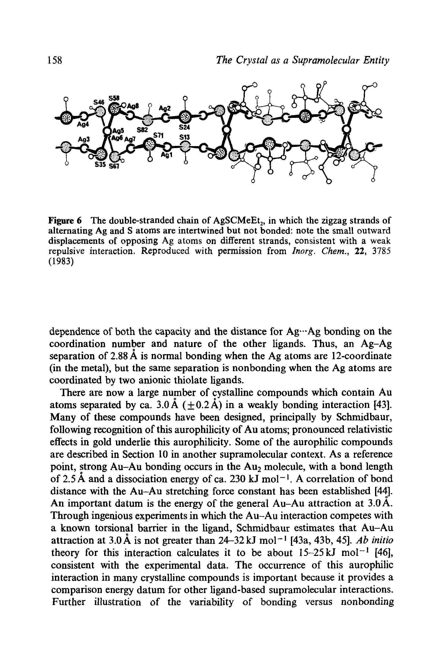 Figure 6 The double-stranded chain of AgSCMeEt, in which the zigzag strands of alternating Ag and S atoms are intertwined but not bonded note the small outward displacements of opposing Ag atoms on different strands, consistent with a weak repulsive interaction. Reproduced with permission from Inorg. Chem., 22, 3785 (1983)...