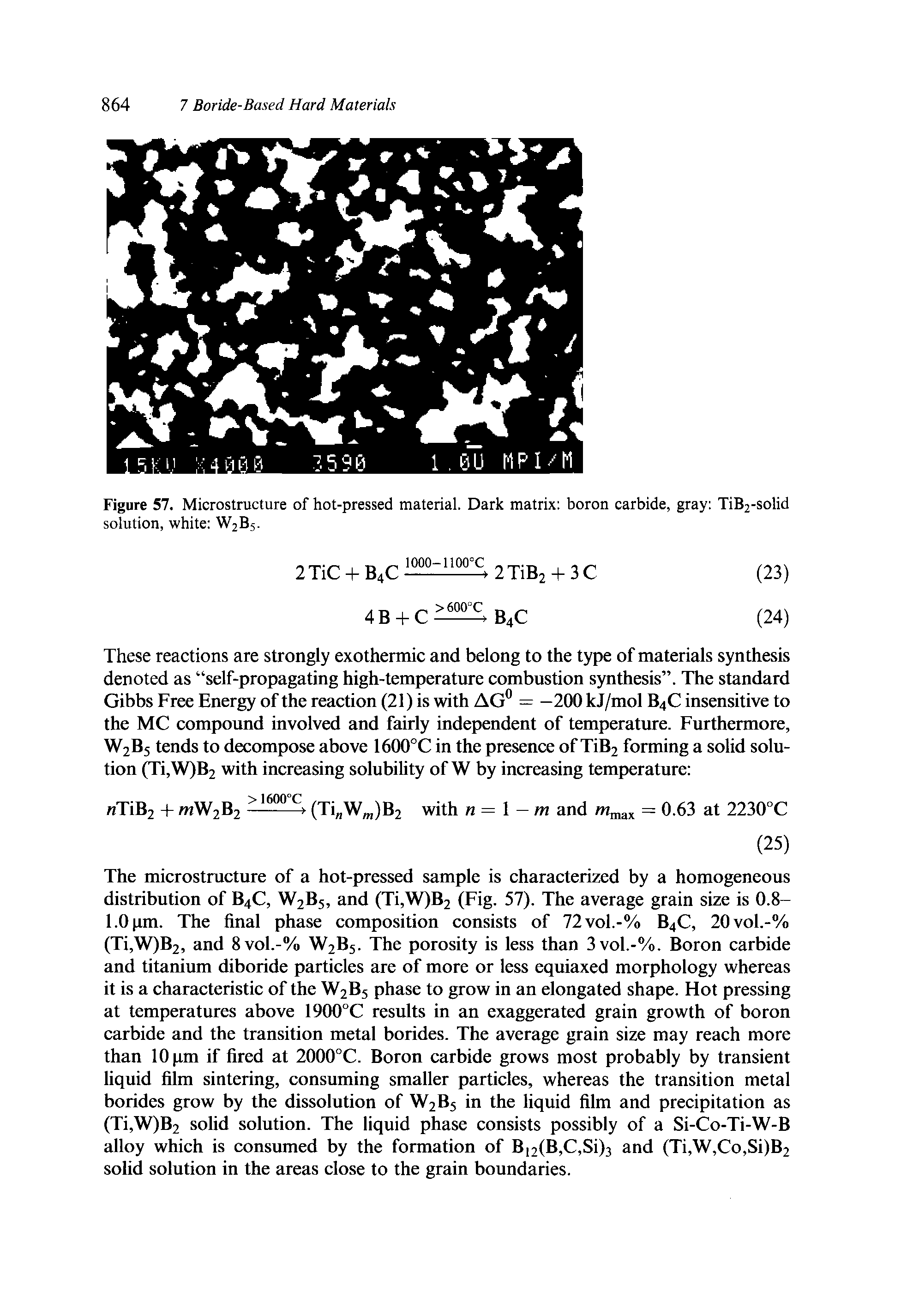 Figure 57. Microstructure of hot-pressed material. Dark matrix boron carbide, gray TiB2-solid solution, white W2B5.