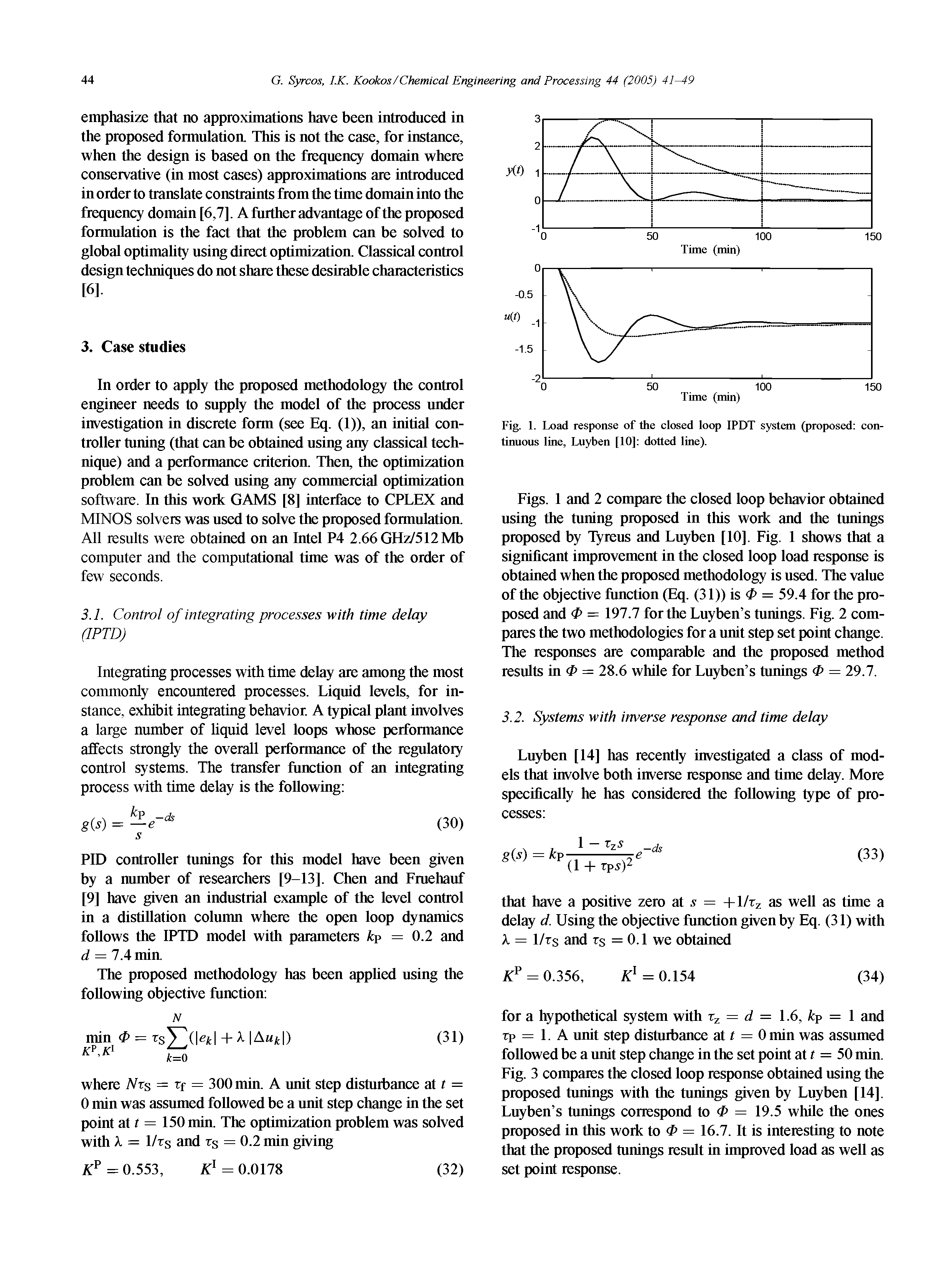 Fig. 1. Load response of the closed loop IPDT system (proposed continuous line, Luyben [10] dotted line).