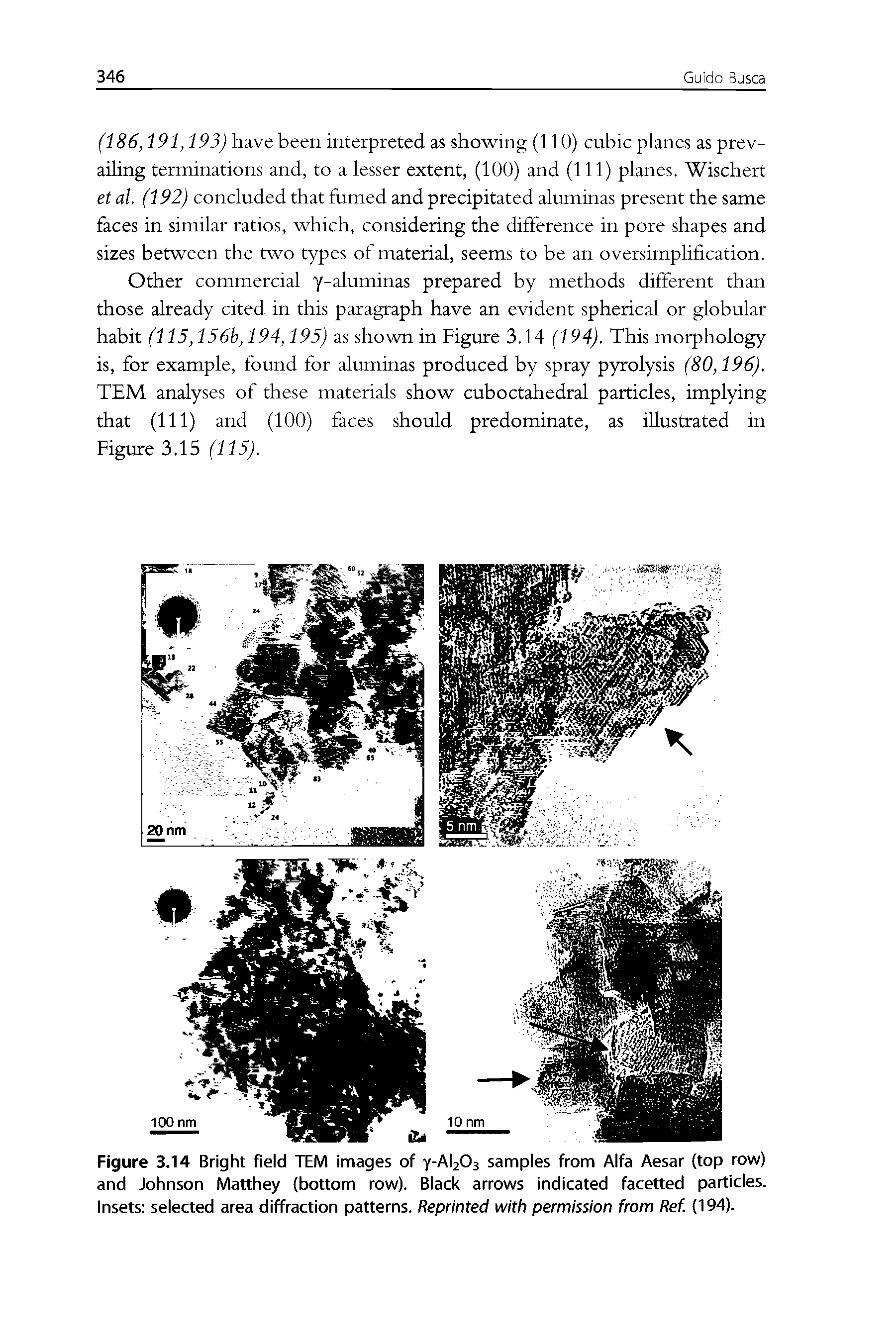 Figure 3.14 Bright field TEM images of y-AhOs samples from Alfa Aesar (top row) and Johnson Matthey (bottom row). Black arrows indicated facetted particles. Insets selected area diffraction patterns. Reprinted with permission from Ref. (194).