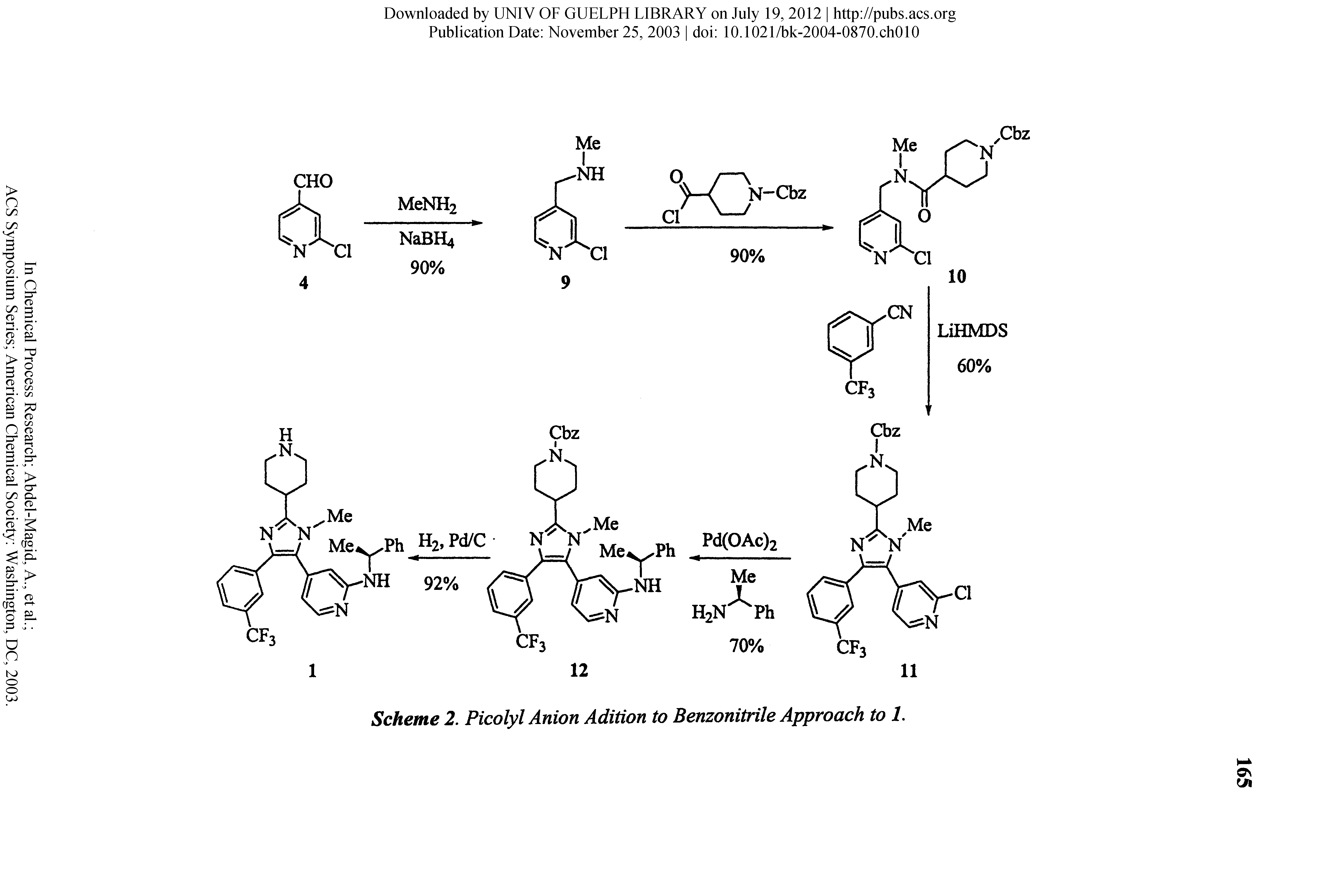 Scheme 2. Picolyl Anion Adition to Benzonitrile Approach to 1.
