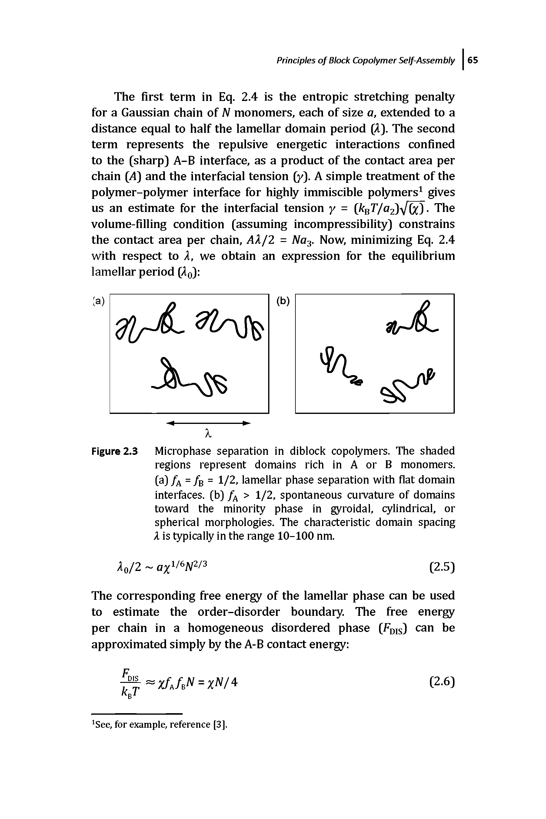 Figure 2.3 Microphase separation in diblock copolymers. The shaded regions represent domains rich in A or B monomers, (a) /a = /b = 1/2, lamellar phase separation with flat domain interfaces, (b) /a > 1/2, spontaneous curvature of domains toward the minority phase in gyroidal, cylindrical, or spherical morphologies. The characteristic domain spacing A is typically in the range 10-100 nm.