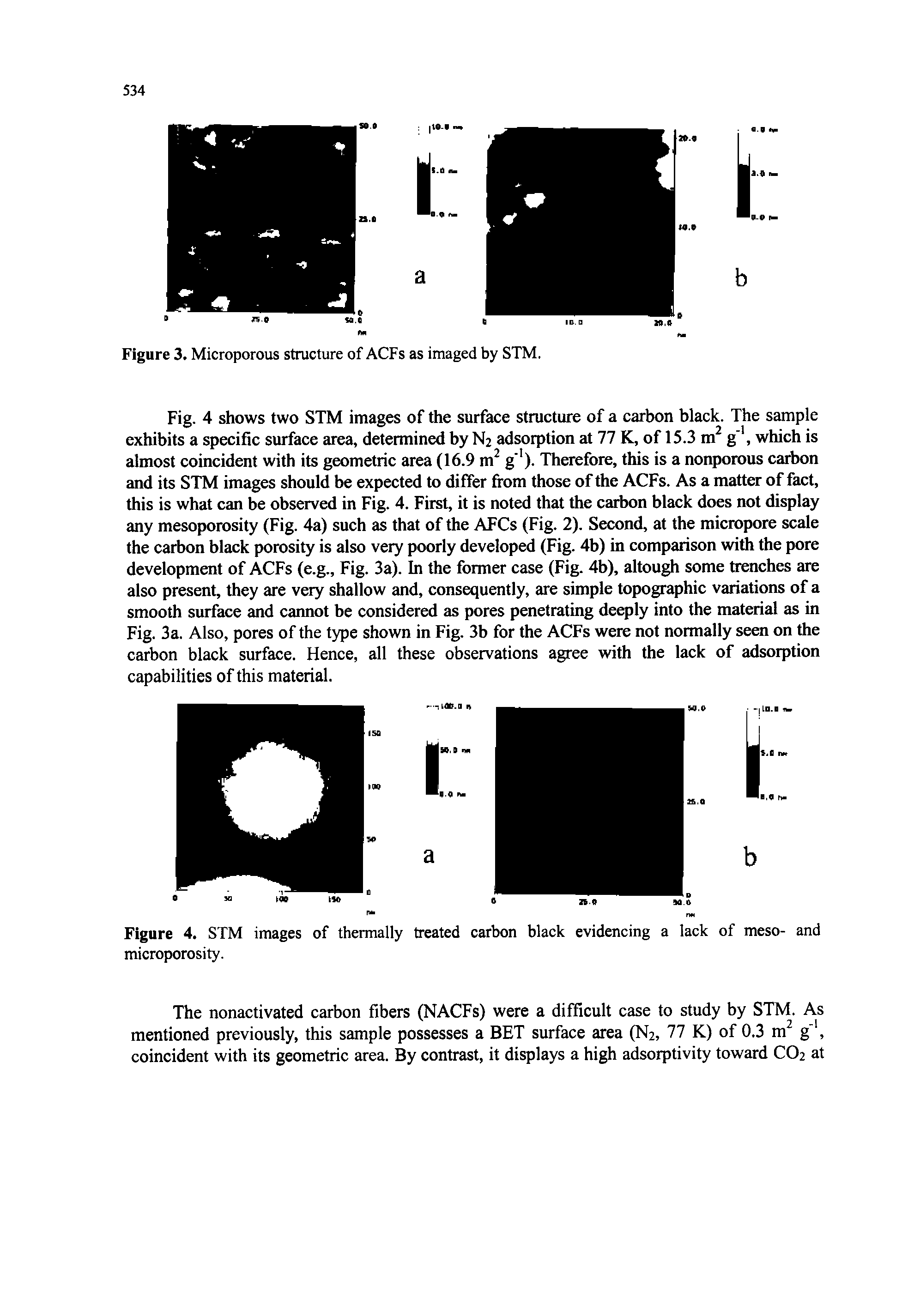 Fig. 4 shows two STM images of the surface structure of a carbon black. The sample exhibits a specific surface area, determined by N2 adsorption at 77 K, of 15.3 m g, which is almost coincident with its geometric area (16.9 m g ). Therefore, this is a nonporous carbon and its STM images should be expected to differ from those of the ACFs. As a matter of fact, this is what can be observed in Fig. 4. First, it is noted that the carbon black does not display any mesoporosity (Fig. 4a) such as that of the AFCs (Fig. 2). Second, at the micropore scale the carbon black porosity is also very poorly developed (Fig. 4b) in comparison with the pore development of ACFs (e.g.. Fig. 3a). In the former case (Fig. 4b), altough some trenches are also present, they are very shallow and, consequently, are simple topographic variations of a smooth surface and cannot be considered as pores penetrating deeply into the material as in Fig. 3a. Also, pores of the type shown in Fig. 3b for the ACFs were not normally seen on the carbon black surface. Hence, all these observations agree with the lack of adsorption capabilities of this material.